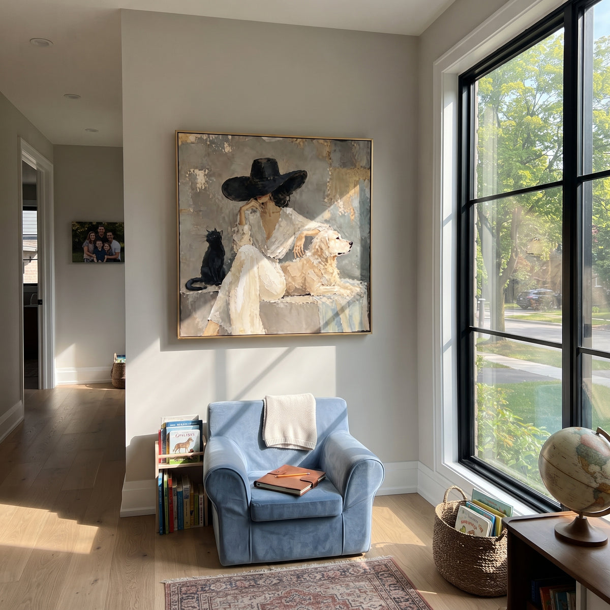 Woman Resting With Cat And White Dog focuses on this hand-painted textured canvas features seated woman in a black hat resting beside a black cat and a large white dog. The composition is described from the actual main image, so the visible subject, color balance, spacing, and surface movement stay specific to this product instead of reading like a batch title. Raised palette-knife layers, sculpted impasto ridges, softened brush transitions, and tactile handmade texture give the canvas