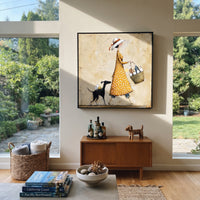 Polka Dot Dress Woman With Dog focuses on this hand-painted textured canvas features woman in a yellow polka dot dress carrying bottles while a black and white dog walks beside her. The composition is described from the actual main image, so the visible subject, color balance, spacing, and surface movement stay specific to this product instead of reading like a batch title. Raised palette-knife layers, sculpted impasto ridges, softened brush transitions, and tactile handmade texture give the