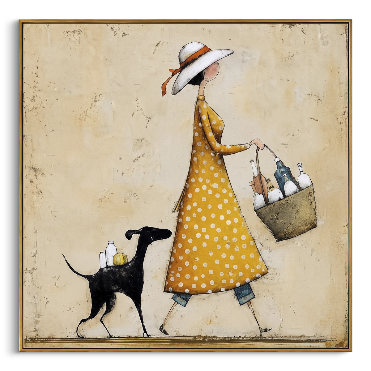 "Polka Dot Dress Woman With Dog" - Modern Heavy Impasto Dog Portrait Artwork | Yellow & White Palette Knife Painting | Luxury Square Wall Art #PT 1984