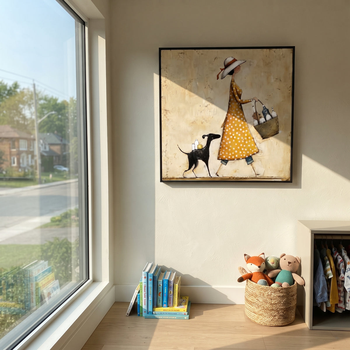 Polka Dot Dress Woman With Dog focuses on this hand-painted textured canvas features woman in a yellow polka dot dress carrying bottles while a black and white dog walks beside her. The composition is described from the actual main image, so the visible subject, color balance, spacing, and surface movement stay specific to this product instead of reading like a batch title. Raised palette-knife layers, sculpted impasto ridges, softened brush transitions, and tactile handmade texture give the