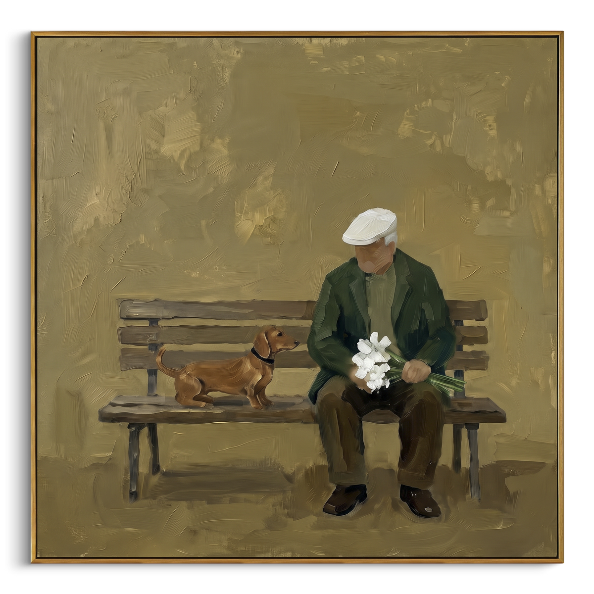 "Bench Man With Brown Dog" - Modern Heavy Impasto Dog Portrait Artwork | Green & Brown Palette Knife Painting | Luxury Square Wall Art #PT 1985