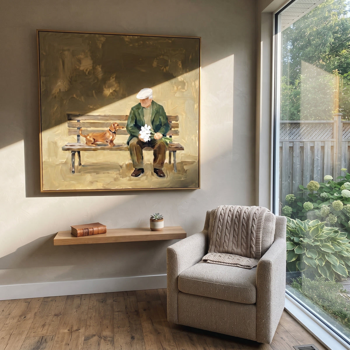 Bench Man With Brown Dog focuses on this hand-painted textured canvas features elderly man seated on a bench holding flowers beside a reclining brown dog. The composition is described from the actual main image, so the visible subject, color balance, spacing, and surface movement stay specific to this product instead of reading like a batch title. Raised palette-knife layers, sculpted impasto ridges, softened brush transitions, and tactile handmade texture give the canvas dimensional depth under
