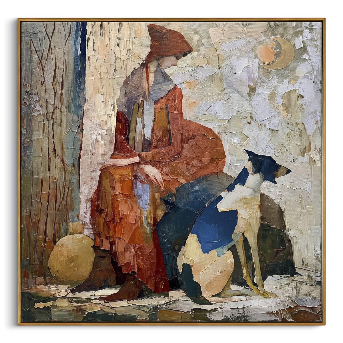 "Seated Woman With Blue Dog" - Modern Heavy Impasto Dog Portrait Artwork | White & Blue Palette Knife Painting | Luxury Square Wall Art #PT 1986