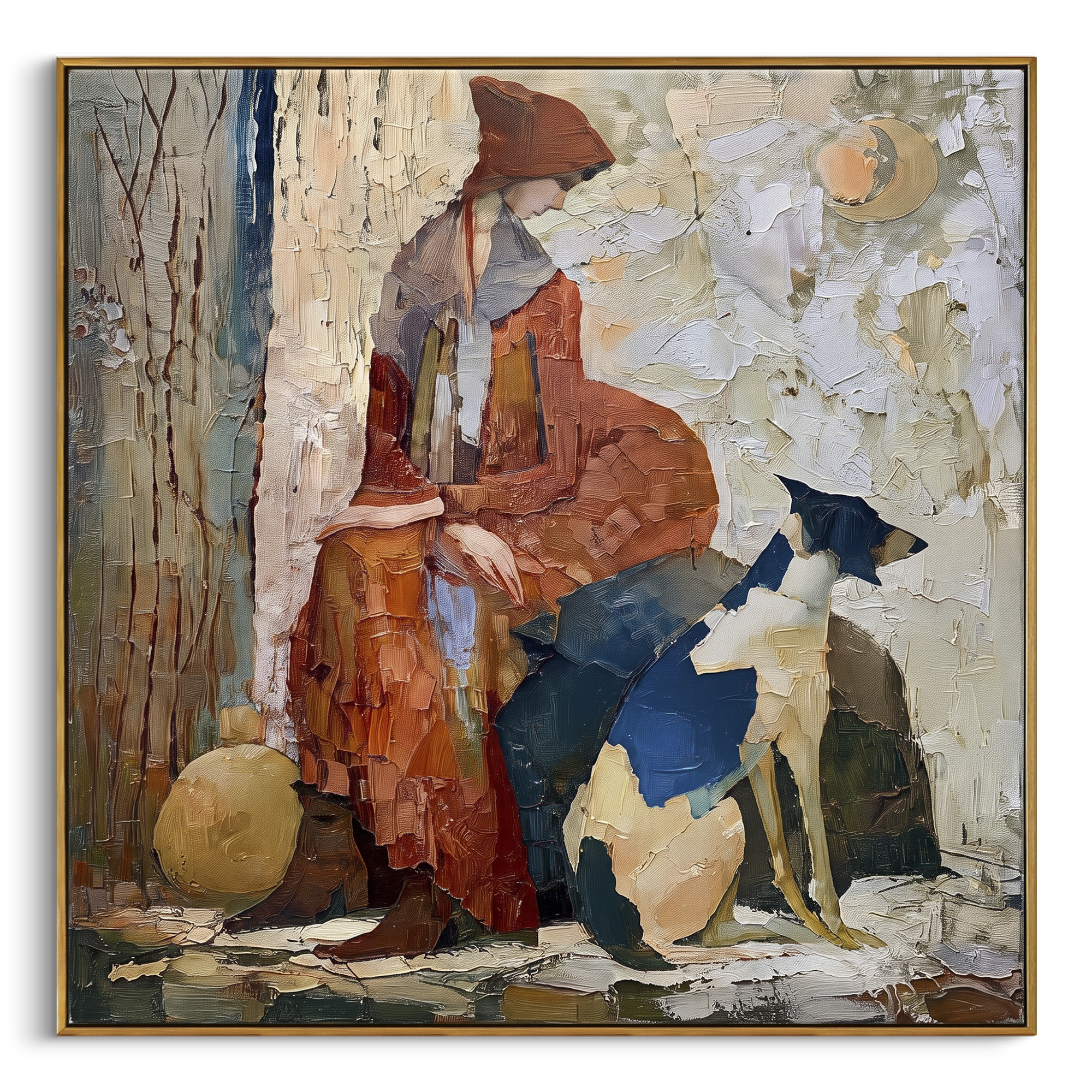 Seated Woman With Blue Dog focuses on this hand-painted textured canvas features seated fashion figure in rust and white with a blue dog against layered impasto whites. The composition is described from the actual main image, so the visible subject, color balance, spacing, and surface movement stay specific to this product instead of reading like a batch title. Raised palette-knife layers, sculpted impasto ridges, softened brush transitions, and tactile handmade texture give the canvas
