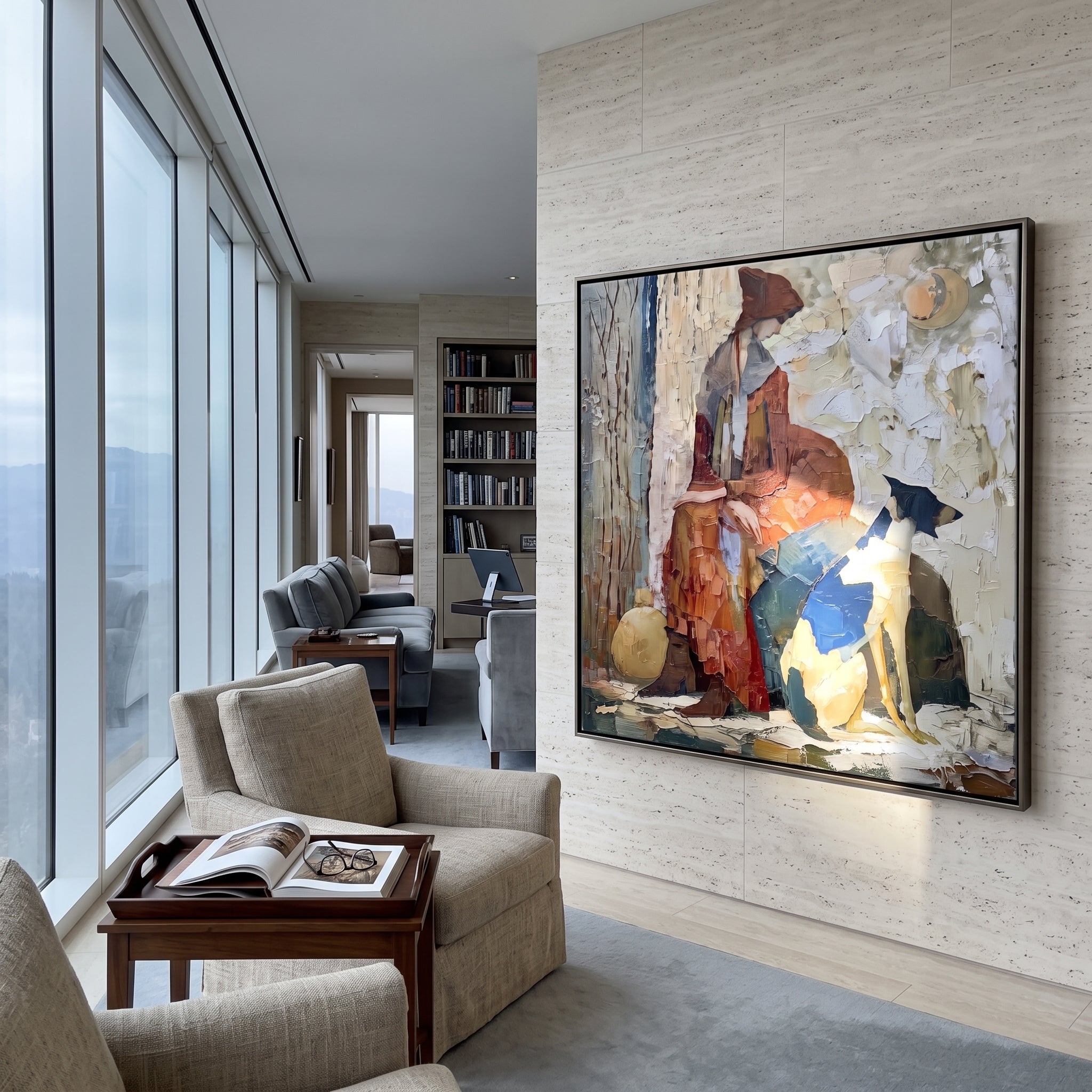 Seated Woman With Blue Dog focuses on this hand-painted textured canvas features seated fashion figure in rust and white with a blue dog against layered impasto whites. The composition is described from the actual main image, so the visible subject, color balance, spacing, and surface movement stay specific to this product instead of reading like a batch title. Raised palette-knife layers, sculpted impasto ridges, softened brush transitions, and tactile handmade texture give the canvas