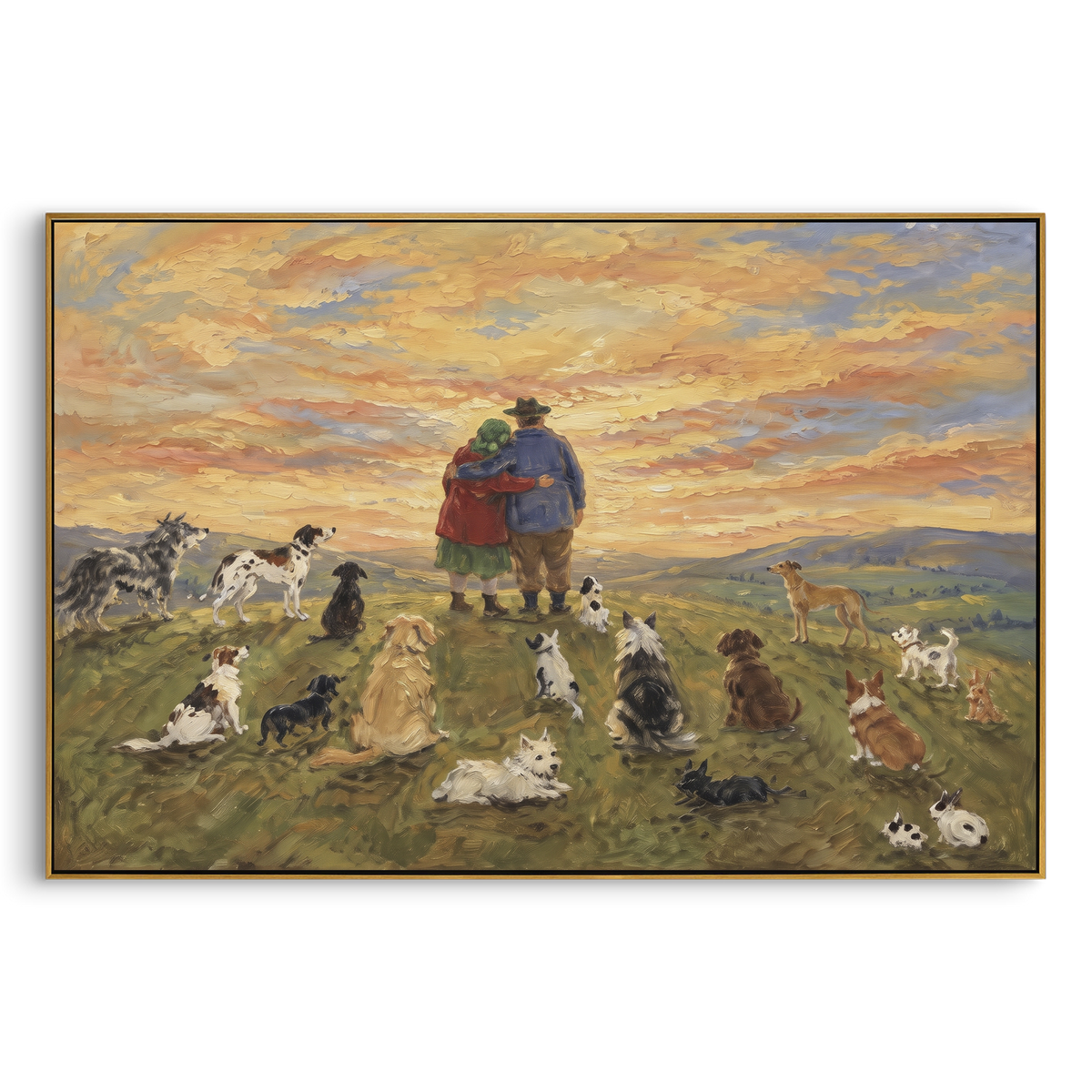 Sunset Field Dog Gathering focuses on this hand-painted textured canvas features two figures looking over a sunset field surrounded by many spotted dogs. The composition is described from the actual main image, so the visible subject, color balance, spacing, and surface movement stay specific to this product instead of reading like a batch title. Raised palette-knife layers, sculpted impasto ridges, softened brush transitions, and tactile handmade texture give the canvas dimensional depth under