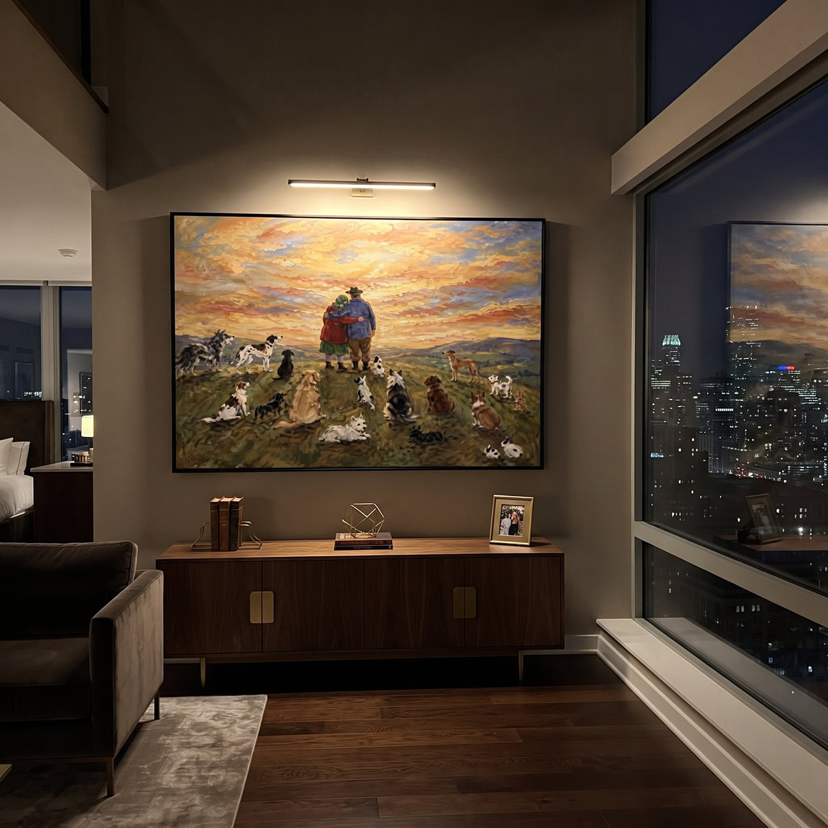 Sunset Field Dog Gathering focuses on this hand-painted textured canvas features two figures looking over a sunset field surrounded by many spotted dogs. The composition is described from the actual main image, so the visible subject, color balance, spacing, and surface movement stay specific to this product instead of reading like a batch title. Raised palette-knife layers, sculpted impasto ridges, softened brush transitions, and tactile handmade texture give the canvas dimensional depth under