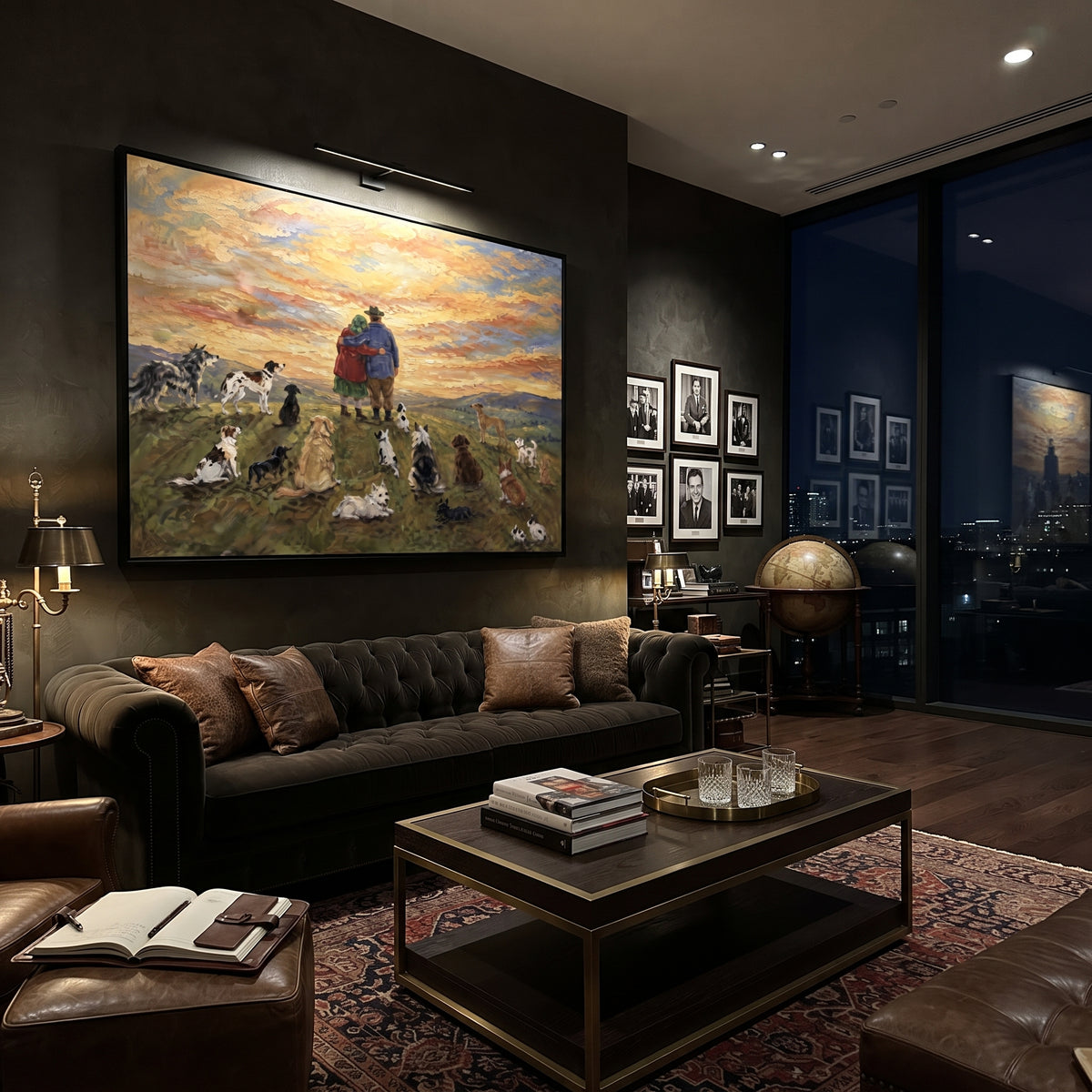 Sunset Field Dog Gathering focuses on this hand-painted textured canvas features two figures looking over a sunset field surrounded by many spotted dogs. The composition is described from the actual main image, so the visible subject, color balance, spacing, and surface movement stay specific to this product instead of reading like a batch title. Raised palette-knife layers, sculpted impasto ridges, softened brush transitions, and tactile handmade texture give the canvas dimensional depth under