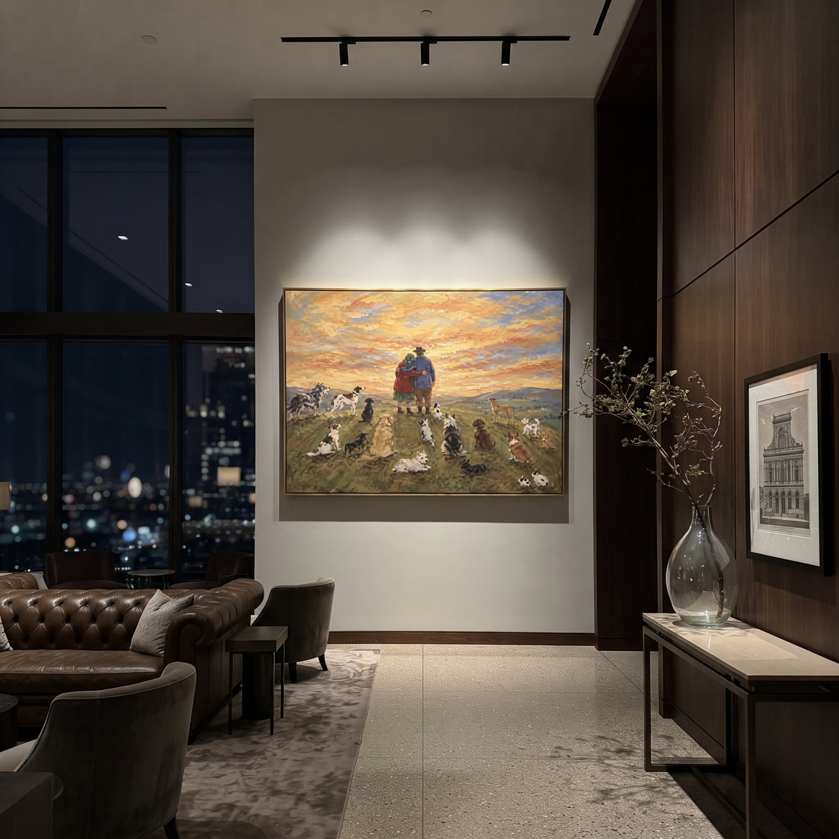 Sunset Field Dog Gathering focuses on this hand-painted textured canvas features two figures looking over a sunset field surrounded by many spotted dogs. The composition is described from the actual main image, so the visible subject, color balance, spacing, and surface movement stay specific to this product instead of reading like a batch title. Raised palette-knife layers, sculpted impasto ridges, softened brush transitions, and tactile handmade texture give the canvas dimensional depth under