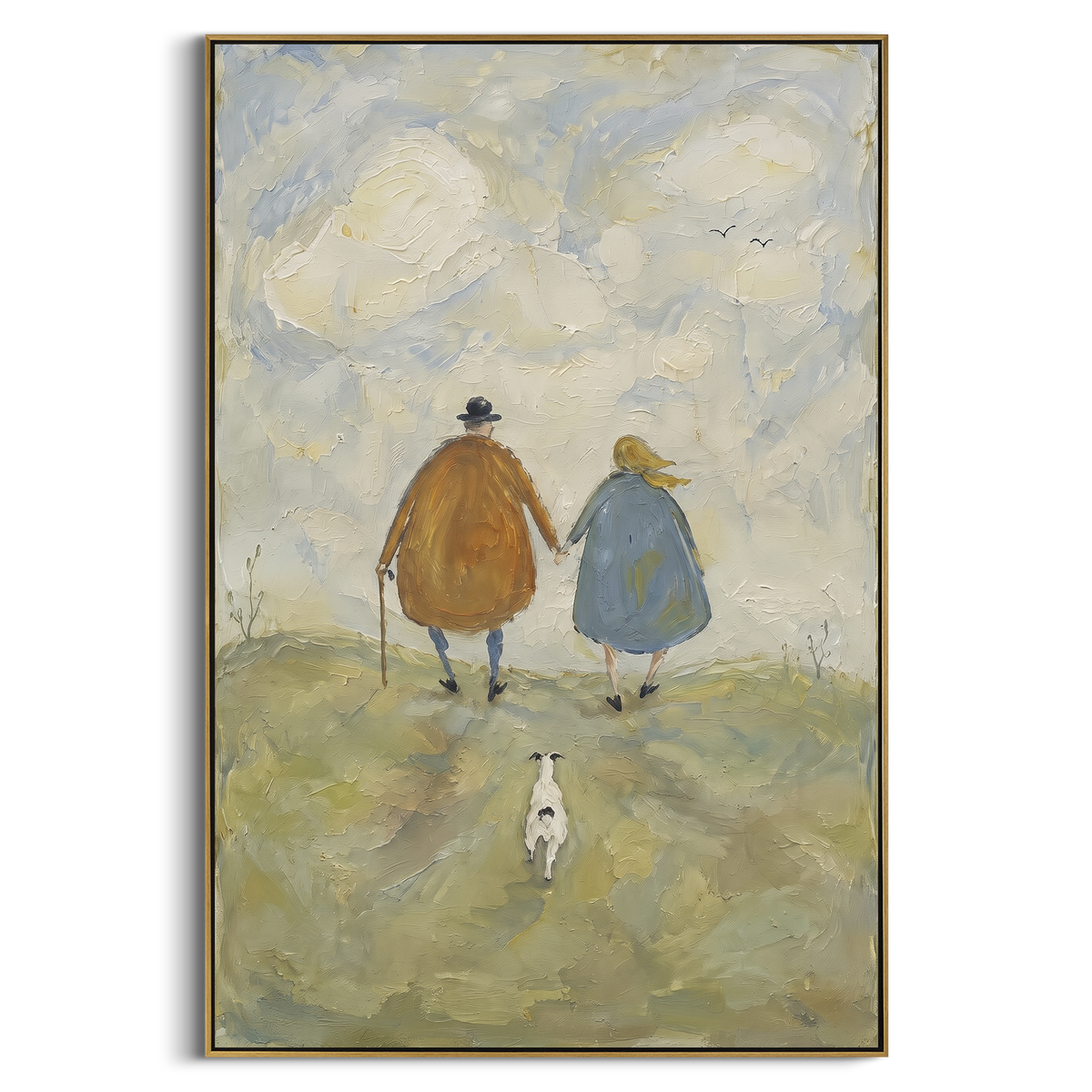 Cloud Walkers With White Dog focuses on this hand-painted textured canvas features two rounded walkers beneath large pale clouds with a tiny white dog following on green hills. The composition is described from the actual main image, so the visible subject, color balance, spacing, and surface movement stay specific to this product instead of reading like a batch title. Raised palette-knife layers, sculpted impasto ridges, softened brush transitions, and tactile handmade texture give the canvas