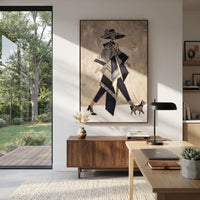 Black White Fashion Dog Walker focuses on this hand-painted textured canvas features stylized fashion figure in black and white walking a small dog on a blush neutral ground. The composition is described from the actual main image, so the visible subject, color balance, spacing, and surface movement stay specific to this product instead of reading like a batch title. Raised palette-knife layers, sculpted impasto ridges, softened brush transitions, and tactile handmade texture give the canvas