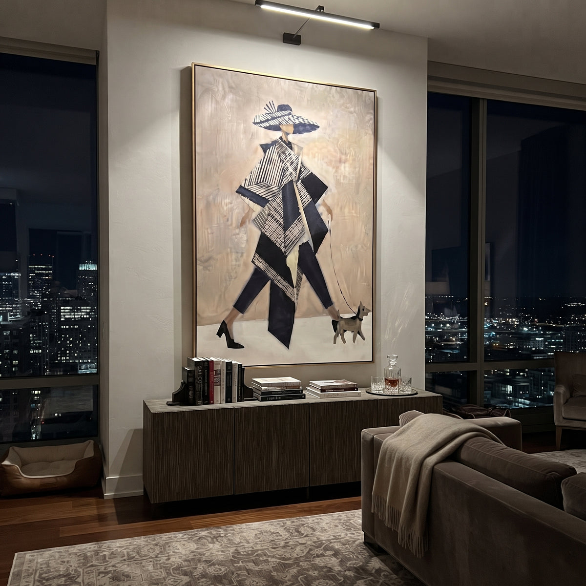 Black White Fashion Dog Walker focuses on this hand-painted textured canvas features stylized fashion figure in black and white walking a small dog on a blush neutral ground. The composition is described from the actual main image, so the visible subject, color balance, spacing, and surface movement stay specific to this product instead of reading like a batch title. Raised palette-knife layers, sculpted impasto ridges, softened brush transitions, and tactile handmade texture give the canvas