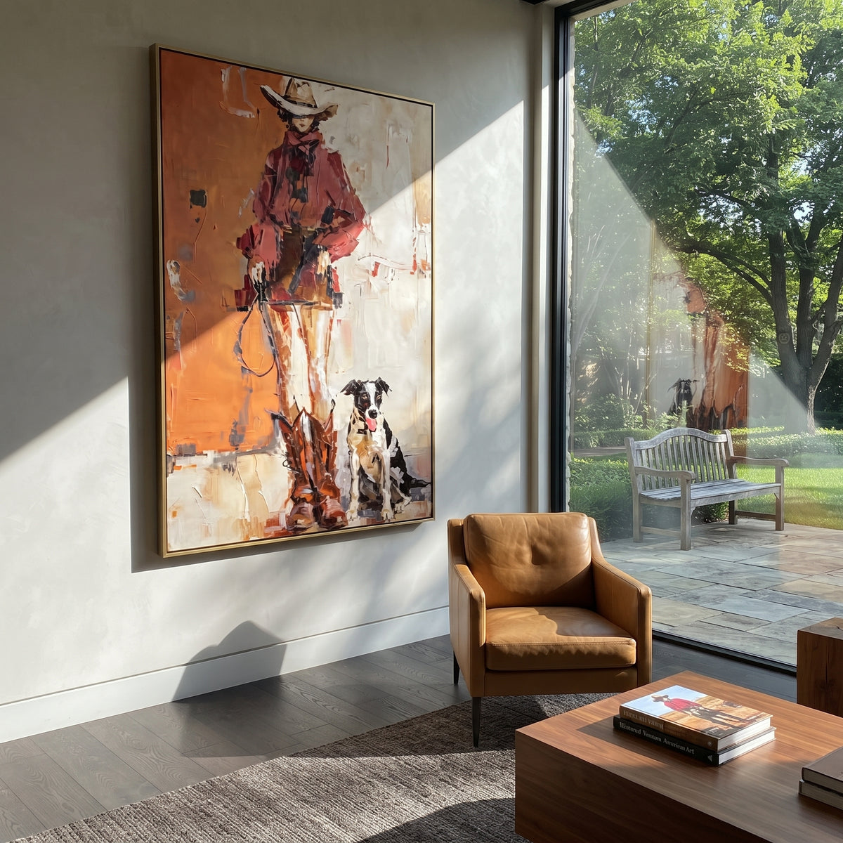 Cowboy With Border Collie focuses on this hand-painted textured canvas features western cowboy in red beside boots and a black white dog on a warm orange wall. The composition is described from the actual main image, so the visible subject, color balance, spacing, and surface movement stay specific to this product instead of reading like a batch title. Raised palette-knife layers, sculpted impasto ridges, softened brush transitions, and tactile handmade texture give the canvas dimensional depth