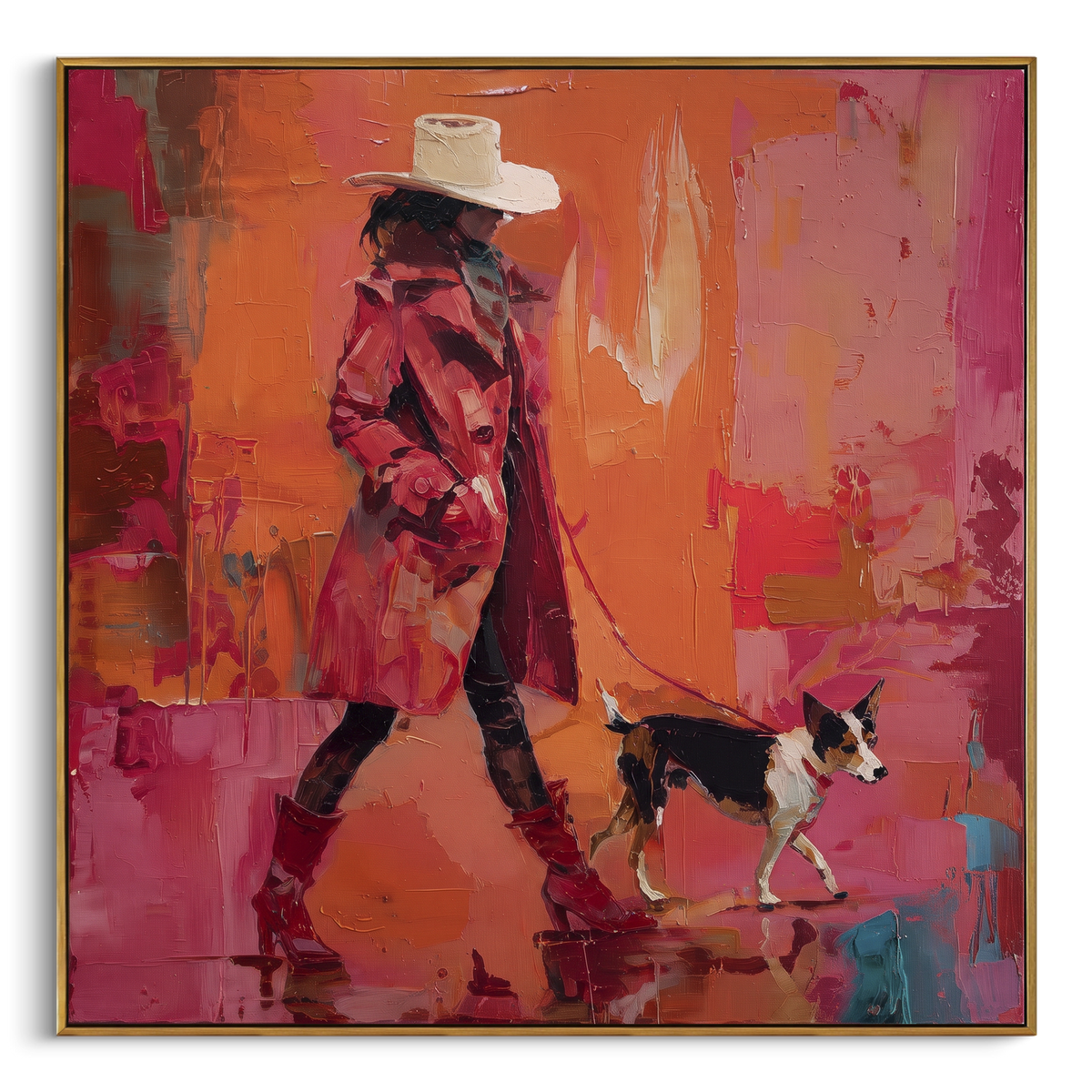 Pink Coat Woman Walking Dog focuses on this hand-painted textured canvas features woman in a pink coat walking a black and white dog through a vivid orange and magenta scene. The composition is described from the actual main image, so the visible subject, color balance, spacing, and surface movement stay specific to this product instead of reading like a batch title. Raised palette-knife layers, sculpted impasto ridges, softened brush transitions, and tactile handmade texture give the canvas
