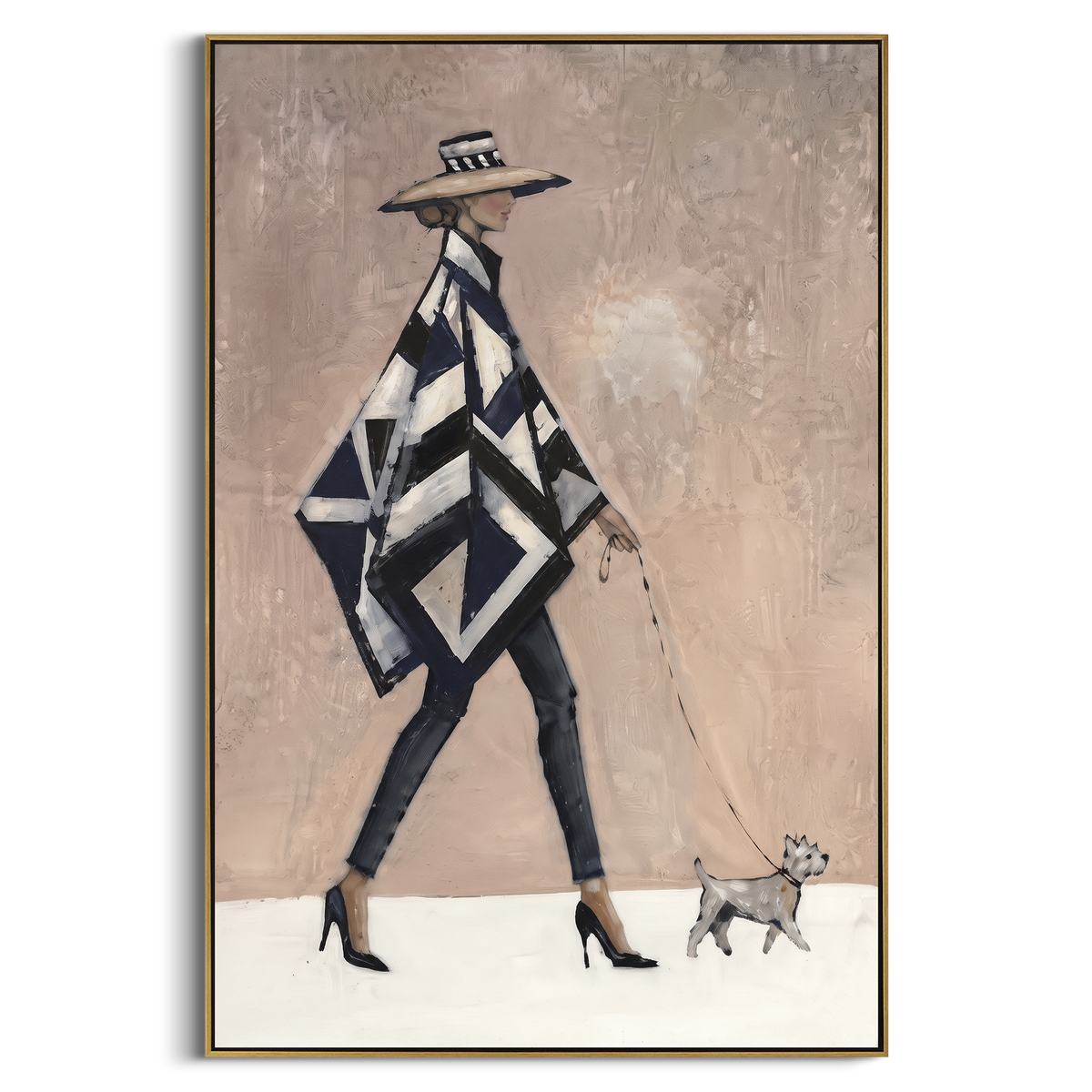 Geometric Cape Dog Walker focuses on this hand-painted textured canvas features fashion figure in a black and white geometric cape walking a tiny grey dog. The composition is described from the actual main image, so the visible subject, color balance, spacing, and surface movement stay specific to this product instead of reading like a batch title. Raised palette-knife layers, sculpted impasto ridges, softened brush transitions, and tactile handmade texture give the canvas dimensional depth