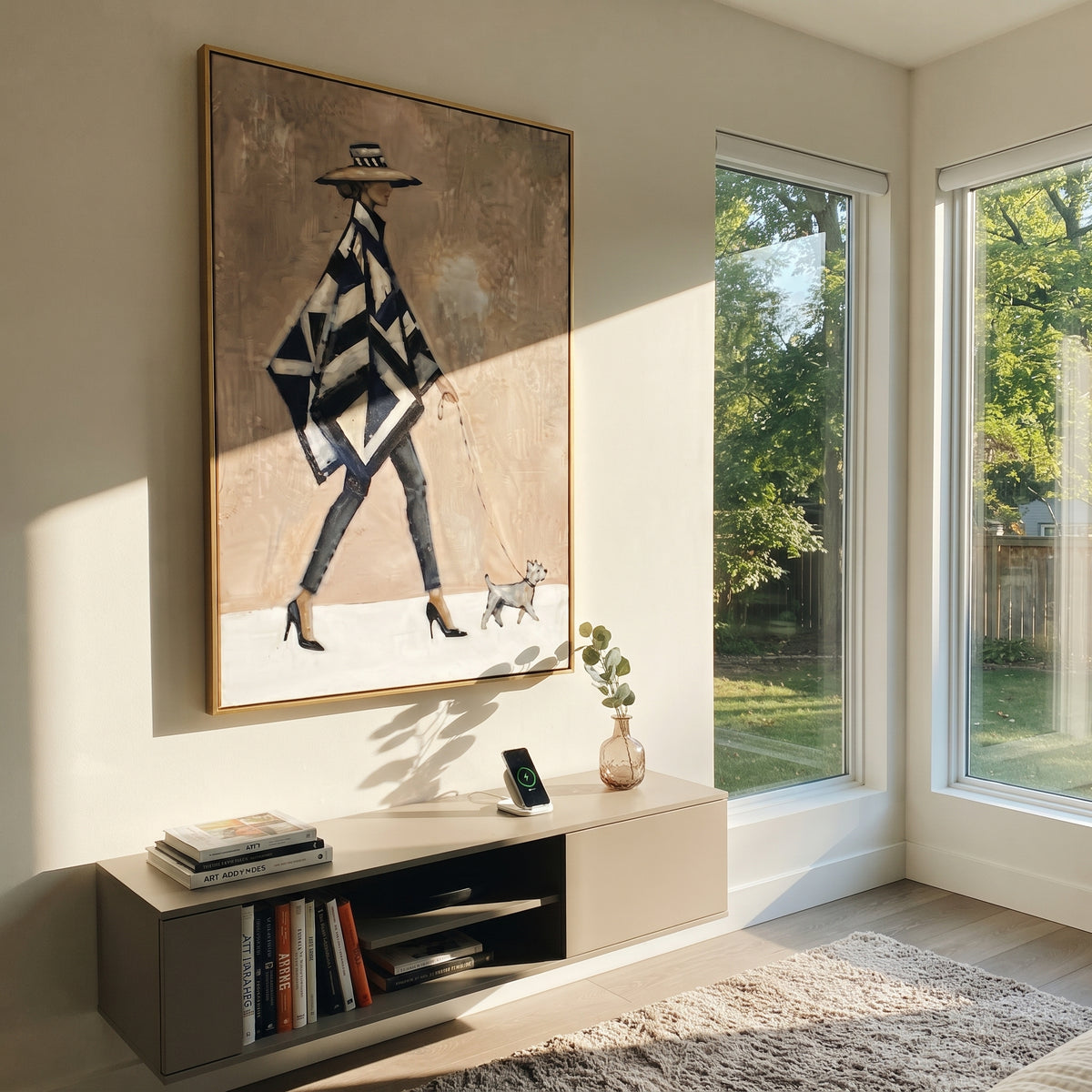 Geometric Cape Dog Walker focuses on this hand-painted textured canvas features fashion figure in a black and white geometric cape walking a tiny grey dog. The composition is described from the actual main image, so the visible subject, color balance, spacing, and surface movement stay specific to this product instead of reading like a batch title. Raised palette-knife layers, sculpted impasto ridges, softened brush transitions, and tactile handmade texture give the canvas dimensional depth