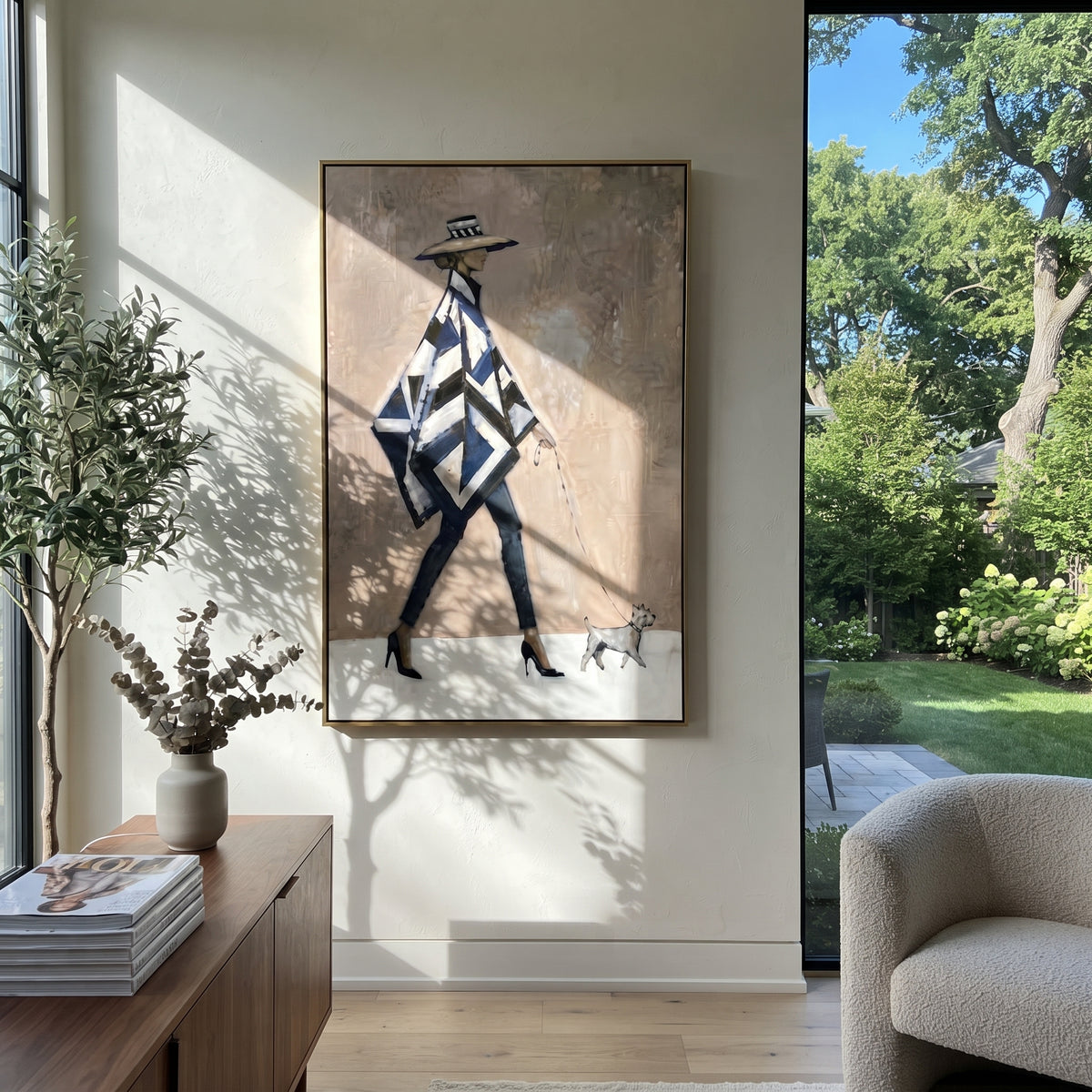 Geometric Cape Dog Walker focuses on this hand-painted textured canvas features fashion figure in a black and white geometric cape walking a tiny grey dog. The composition is described from the actual main image, so the visible subject, color balance, spacing, and surface movement stay specific to this product instead of reading like a batch title. Raised palette-knife layers, sculpted impasto ridges, softened brush transitions, and tactile handmade texture give the canvas dimensional depth