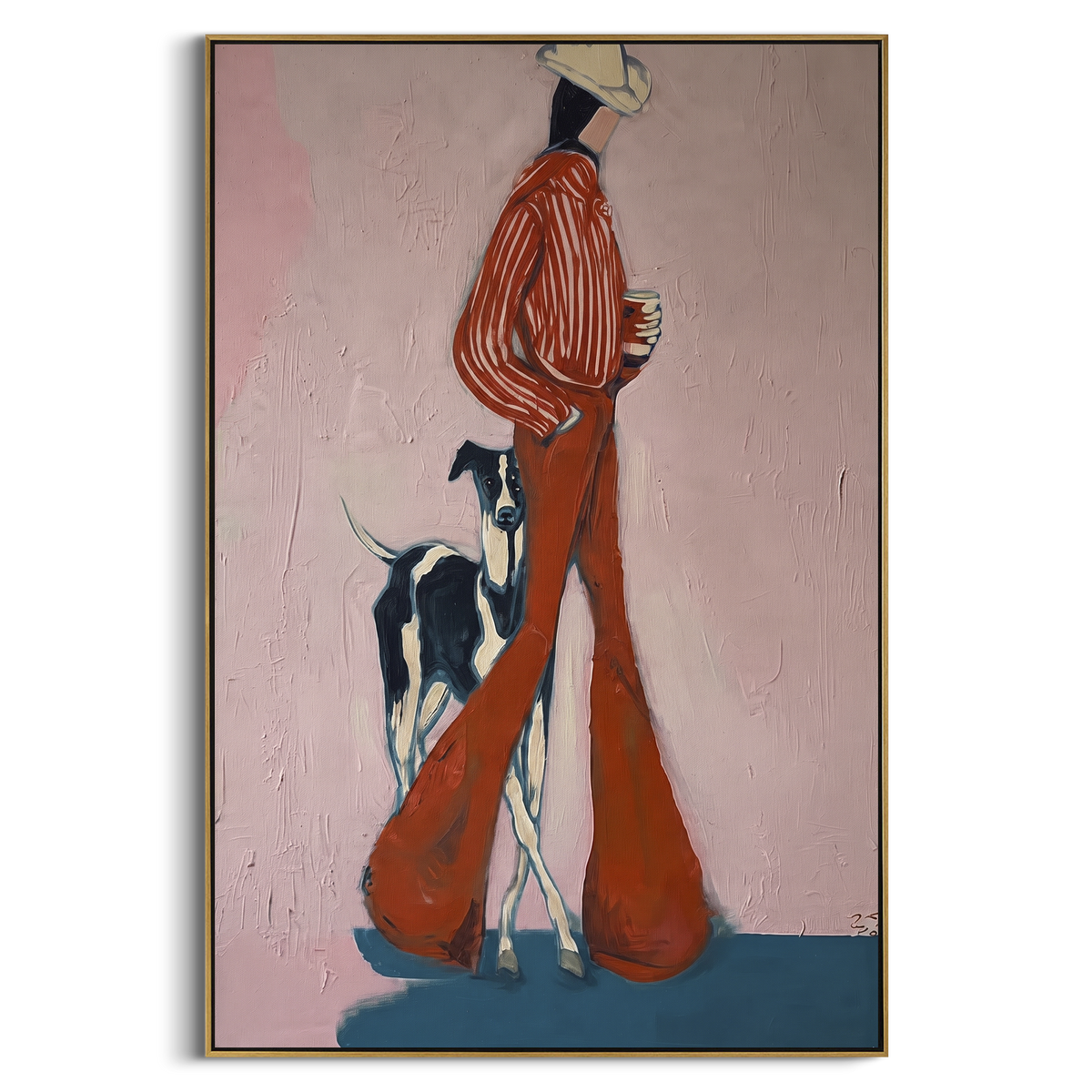 Rust Suit Woman With Dog focuses on this hand-painted textured canvas features tall rust dressed woman with a black and white dog on a muted pink background. The composition is described from the actual main image, so the visible subject, color balance, spacing, and surface movement stay specific to this product instead of reading like a batch title. Raised palette-knife layers, sculpted impasto ridges, softened brush transitions, and tactile handmade texture give the canvas dimensional depth