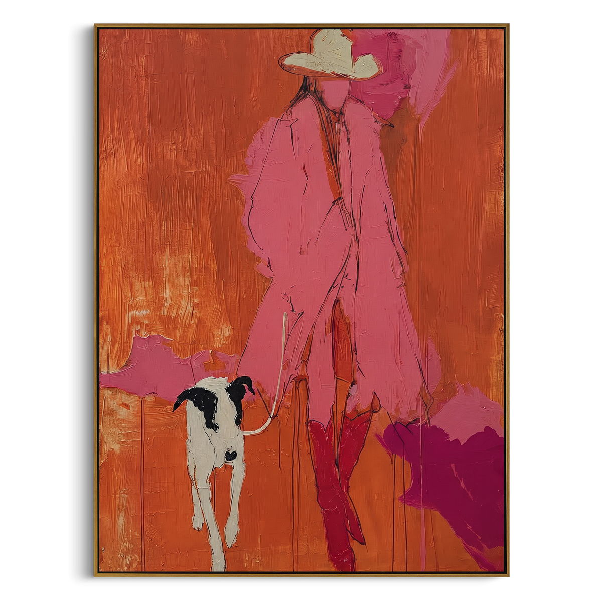 Pink Figure With White Dog focuses on this hand-painted textured canvas features bright pink figure and white dog standing against a red orange abstract background. The composition is described from the actual main image, so the visible subject, color balance, spacing, and surface movement stay specific to this product instead of reading like a batch title. Raised palette-knife layers, sculpted impasto ridges, softened brush transitions, and tactile handmade texture give the canvas dimensional