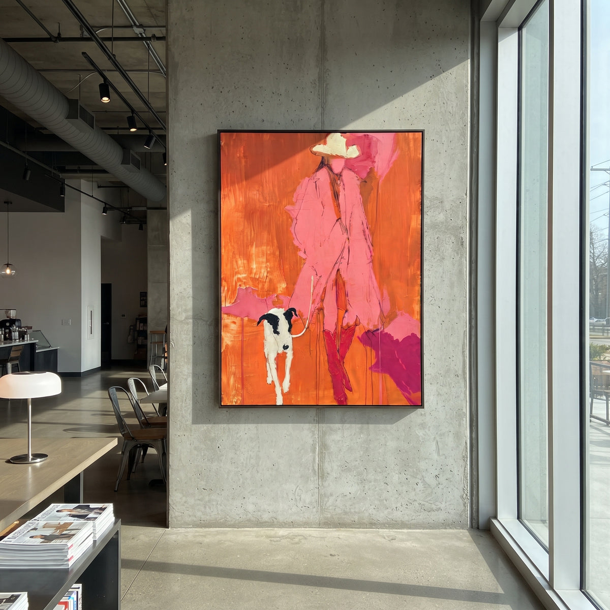 Pink Figure With White Dog focuses on this hand-painted textured canvas features bright pink figure and white dog standing against a red orange abstract background. The composition is described from the actual main image, so the visible subject, color balance, spacing, and surface movement stay specific to this product instead of reading like a batch title. Raised palette-knife layers, sculpted impasto ridges, softened brush transitions, and tactile handmade texture give the canvas dimensional