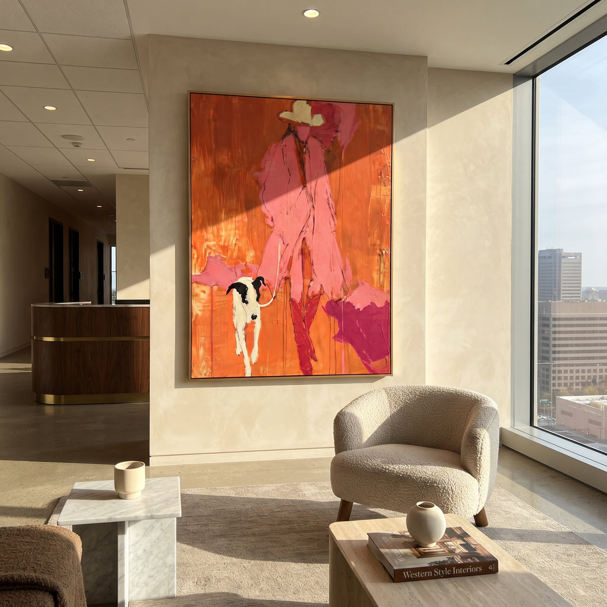 Pink Figure With White Dog focuses on this hand-painted textured canvas features bright pink figure and white dog standing against a red orange abstract background. The composition is described from the actual main image, so the visible subject, color balance, spacing, and surface movement stay specific to this product instead of reading like a batch title. Raised palette-knife layers, sculpted impasto ridges, softened brush transitions, and tactile handmade texture give the canvas dimensional