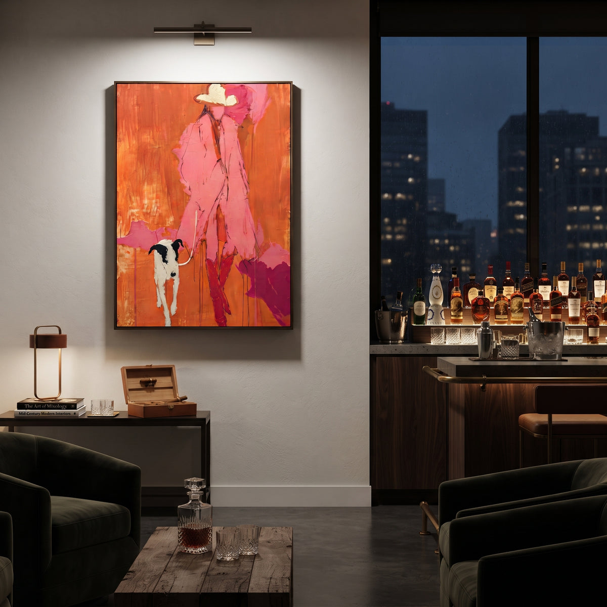 Pink Figure With White Dog focuses on this hand-painted textured canvas features bright pink figure and white dog standing against a red orange abstract background. The composition is described from the actual main image, so the visible subject, color balance, spacing, and surface movement stay specific to this product instead of reading like a batch title. Raised palette-knife layers, sculpted impasto ridges, softened brush transitions, and tactile handmade texture give the canvas dimensional