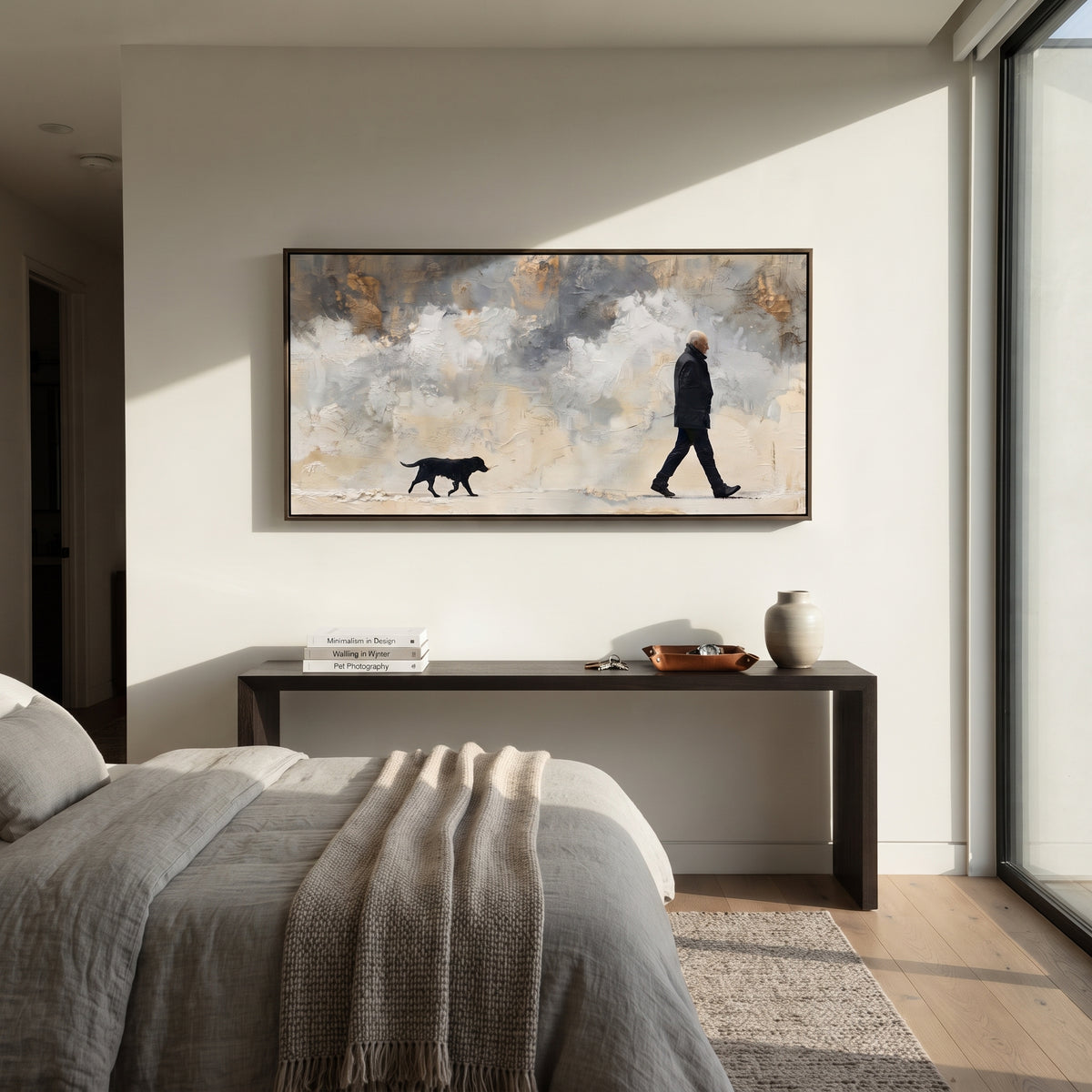 Grey Sky Man Walking Black Dog focuses on this hand-painted textured canvas features lone dark figure walking a black dog across a wide cloudy grey and cream landscape. The composition is described from the actual main image, so the visible subject, color balance, spacing, and surface movement stay specific to this product instead of reading like a batch title. Raised palette-knife layers, sculpted impasto ridges, softened brush transitions, and tactile handmade texture give the canvas