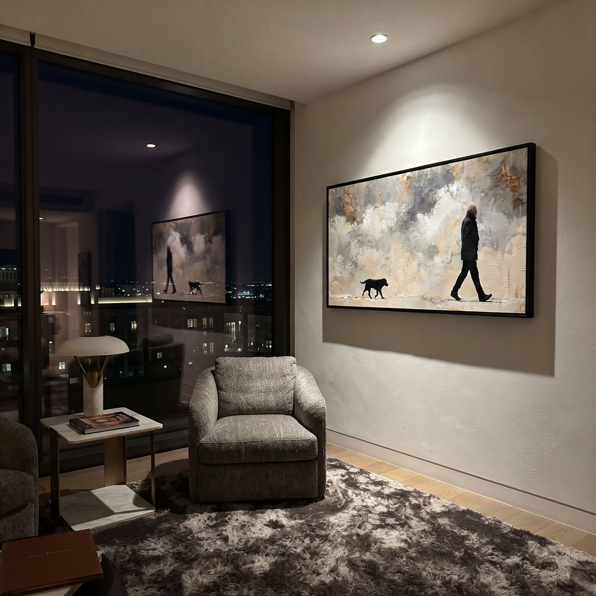 Grey Sky Man Walking Black Dog focuses on this hand-painted textured canvas features lone dark figure walking a black dog across a wide cloudy grey and cream landscape. The composition is described from the actual main image, so the visible subject, color balance, spacing, and surface movement stay specific to this product instead of reading like a batch title. Raised palette-knife layers, sculpted impasto ridges, softened brush transitions, and tactile handmade texture give the canvas