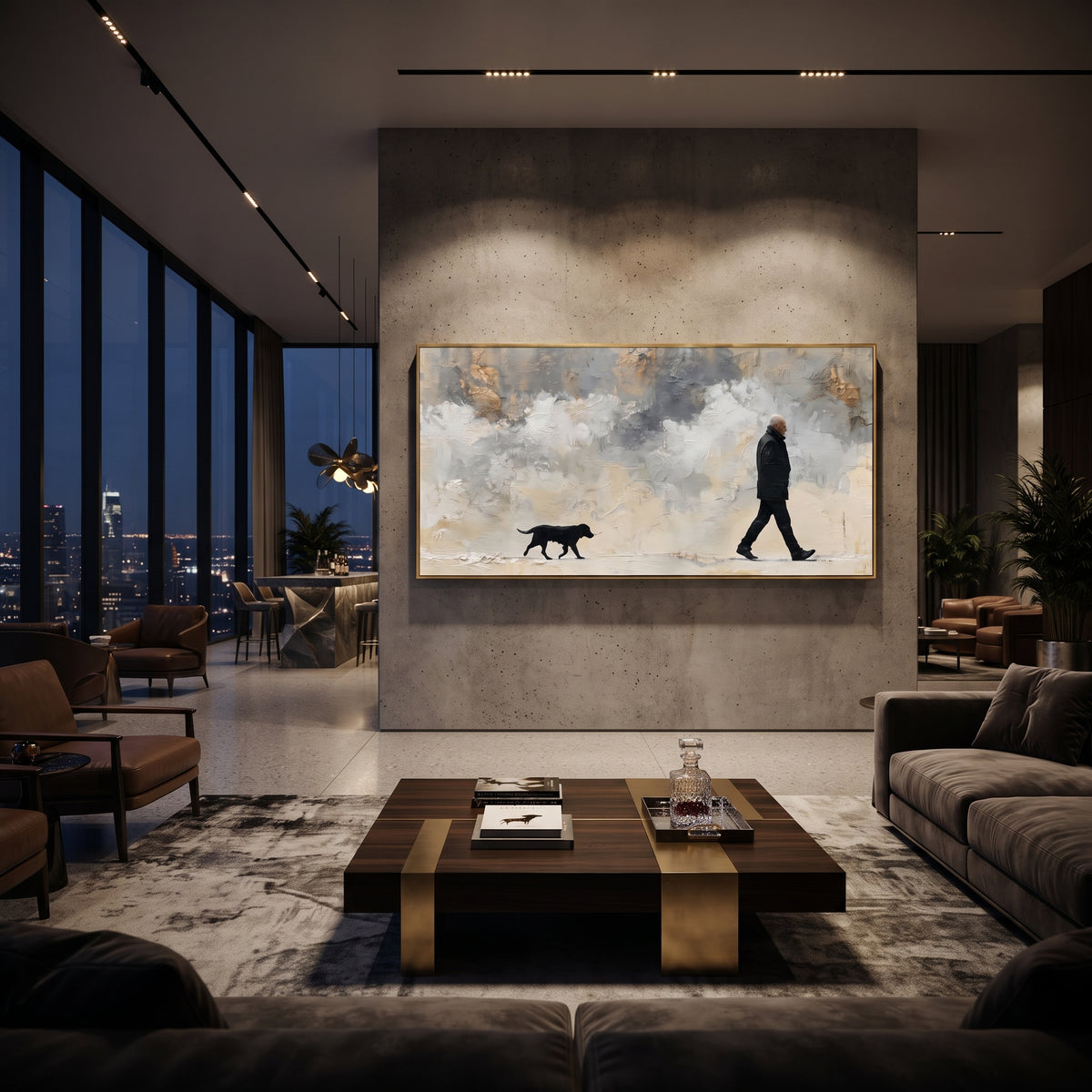 Grey Sky Man Walking Black Dog focuses on this hand-painted textured canvas features lone dark figure walking a black dog across a wide cloudy grey and cream landscape. The composition is described from the actual main image, so the visible subject, color balance, spacing, and surface movement stay specific to this product instead of reading like a batch title. Raised palette-knife layers, sculpted impasto ridges, softened brush transitions, and tactile handmade texture give the canvas