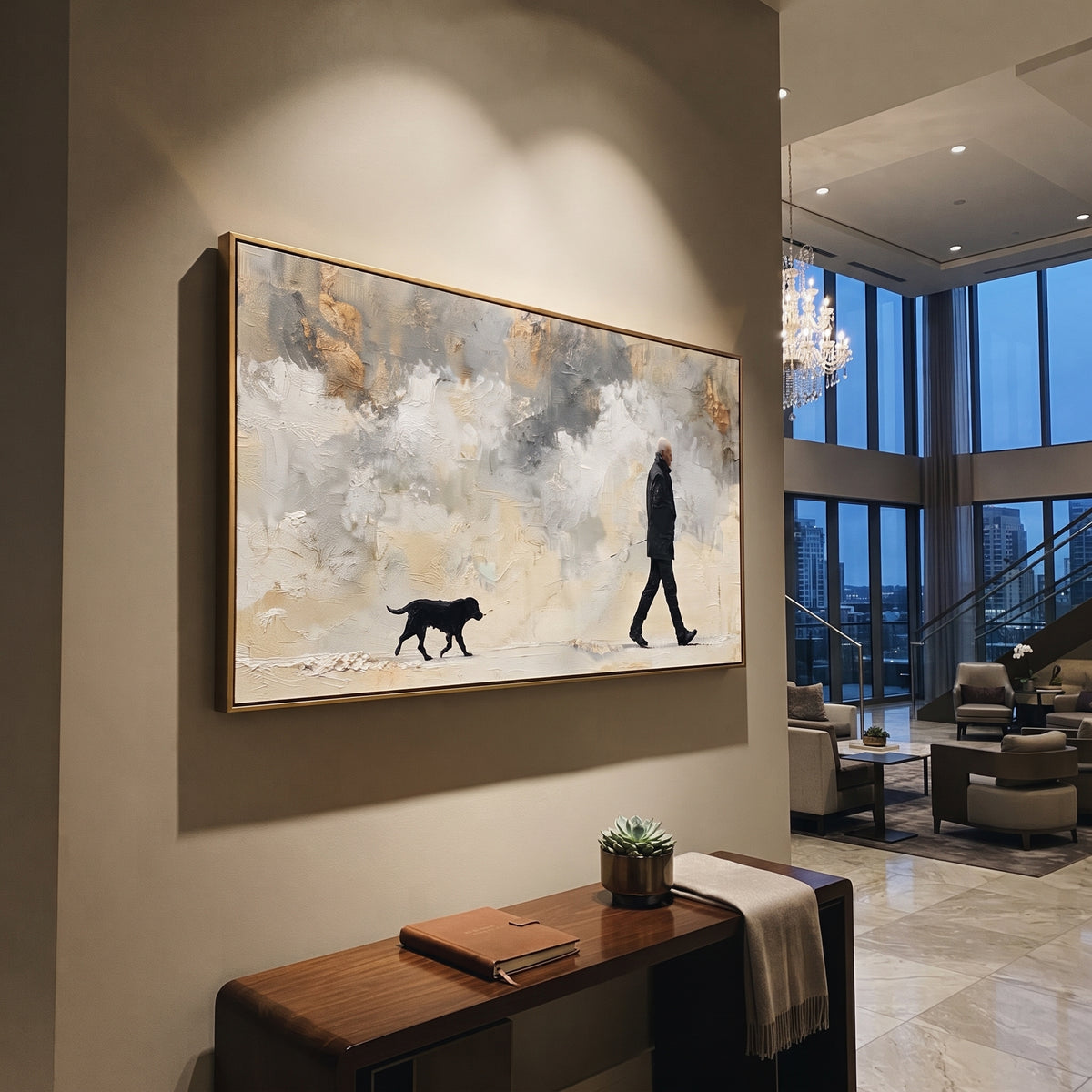 Grey Sky Man Walking Black Dog focuses on this hand-painted textured canvas features lone dark figure walking a black dog across a wide cloudy grey and cream landscape. The composition is described from the actual main image, so the visible subject, color balance, spacing, and surface movement stay specific to this product instead of reading like a batch title. Raised palette-knife layers, sculpted impasto ridges, softened brush transitions, and tactile handmade texture give the canvas