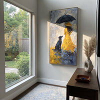 Yellow Raincoat Girl With Dog focuses on this hand-painted textured canvas features girl in yellow raincoat holding a black umbrella beside a seated dark dog in blue rain. The composition is described from the actual main image, so the visible subject, color balance, spacing, and surface movement stay specific to this product instead of reading like a batch title. Raised palette-knife layers, sculpted impasto ridges, softened brush transitions, and tactile handmade texture give the canvas