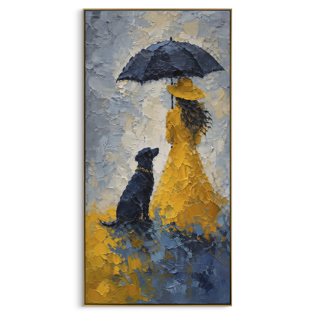 Yellow Raincoat Girl With Dog focuses on this hand-painted textured canvas features girl in yellow raincoat holding a black umbrella beside a seated dark dog in blue rain. The composition is described from the actual main image, so the visible subject, color balance, spacing, and surface movement stay specific to this product instead of reading like a batch title. Raised palette-knife layers, sculpted impasto ridges, softened brush transitions, and tactile handmade texture give the canvas