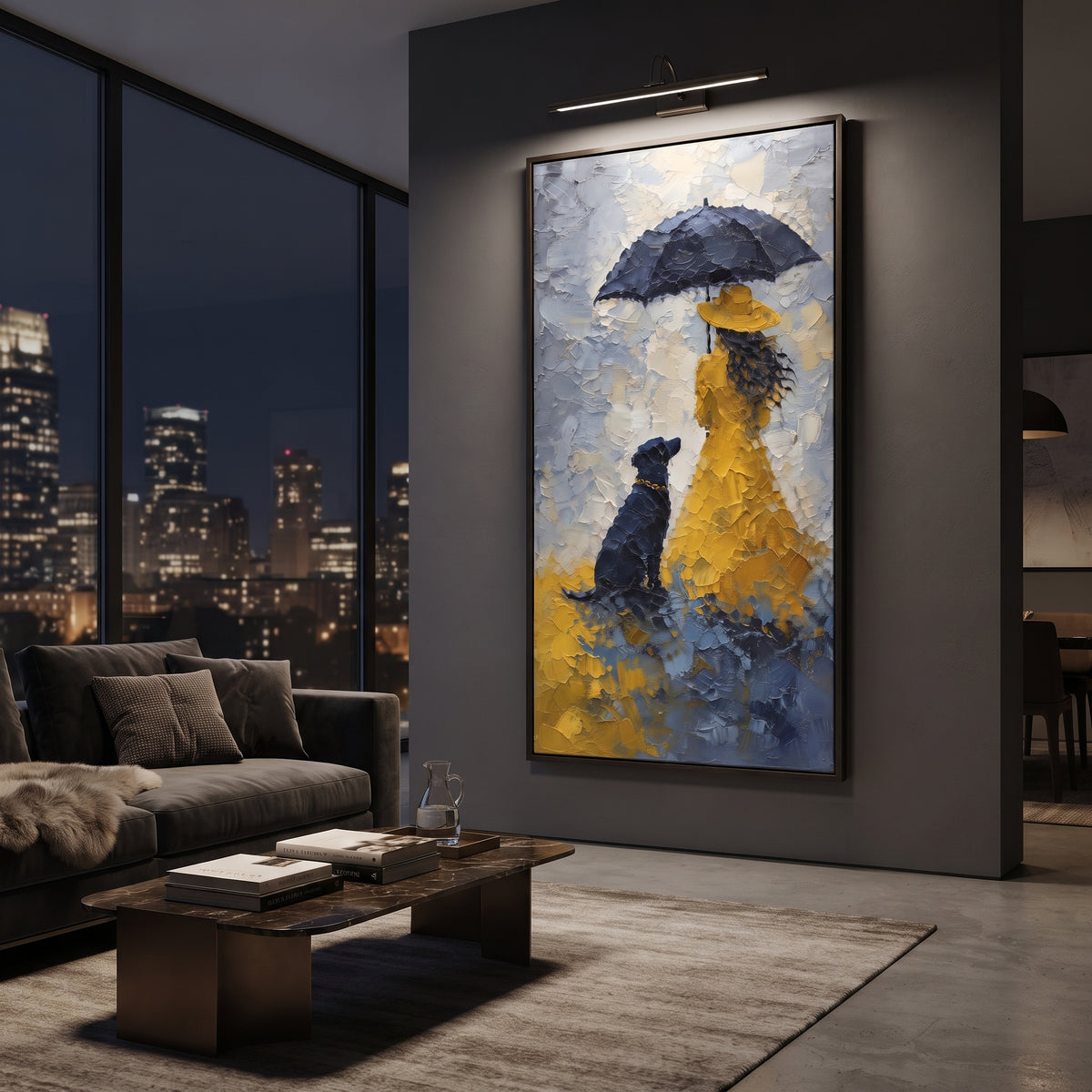 Yellow Raincoat Girl With Dog focuses on this hand-painted textured canvas features girl in yellow raincoat holding a black umbrella beside a seated dark dog in blue rain. The composition is described from the actual main image, so the visible subject, color balance, spacing, and surface movement stay specific to this product instead of reading like a batch title. Raised palette-knife layers, sculpted impasto ridges, softened brush transitions, and tactile handmade texture give the canvas