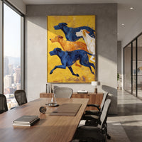 Running Blue And White Dogs focuses on this hand-painted textured canvas features four running hounds in blue, orange, white, and navy across a bright yellow field. The composition is described from the actual main image, so the visible subject, color balance, spacing, and surface movement stay specific to this product instead of reading like a batch title. Raised palette-knife layers, sculpted impasto ridges, softened brush transitions, and tactile handmade texture give the canvas dimensional