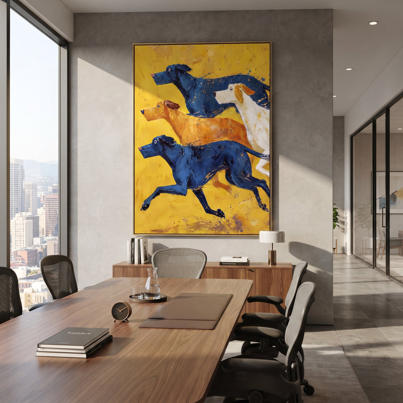 "Running Blue And White Dogs" - Modern Heavy Impasto Dog Portrait Artwork | Yellow & Blue Palette Knife Painting | Luxury Vertical Wall Art #PT 1998