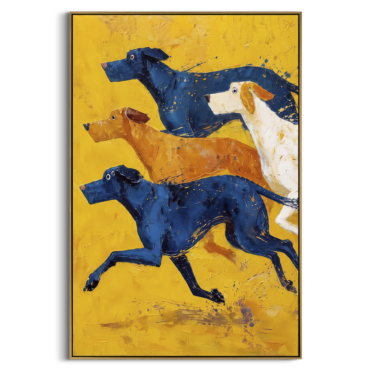 Running Blue And White Dogs focuses on this hand-painted textured canvas features four running hounds in blue, orange, white, and navy across a bright yellow field. The composition is described from the actual main image, so the visible subject, color balance, spacing, and surface movement stay specific to this product instead of reading like a batch title. Raised palette-knife layers, sculpted impasto ridges, softened brush transitions, and tactile handmade texture give the canvas dimensional