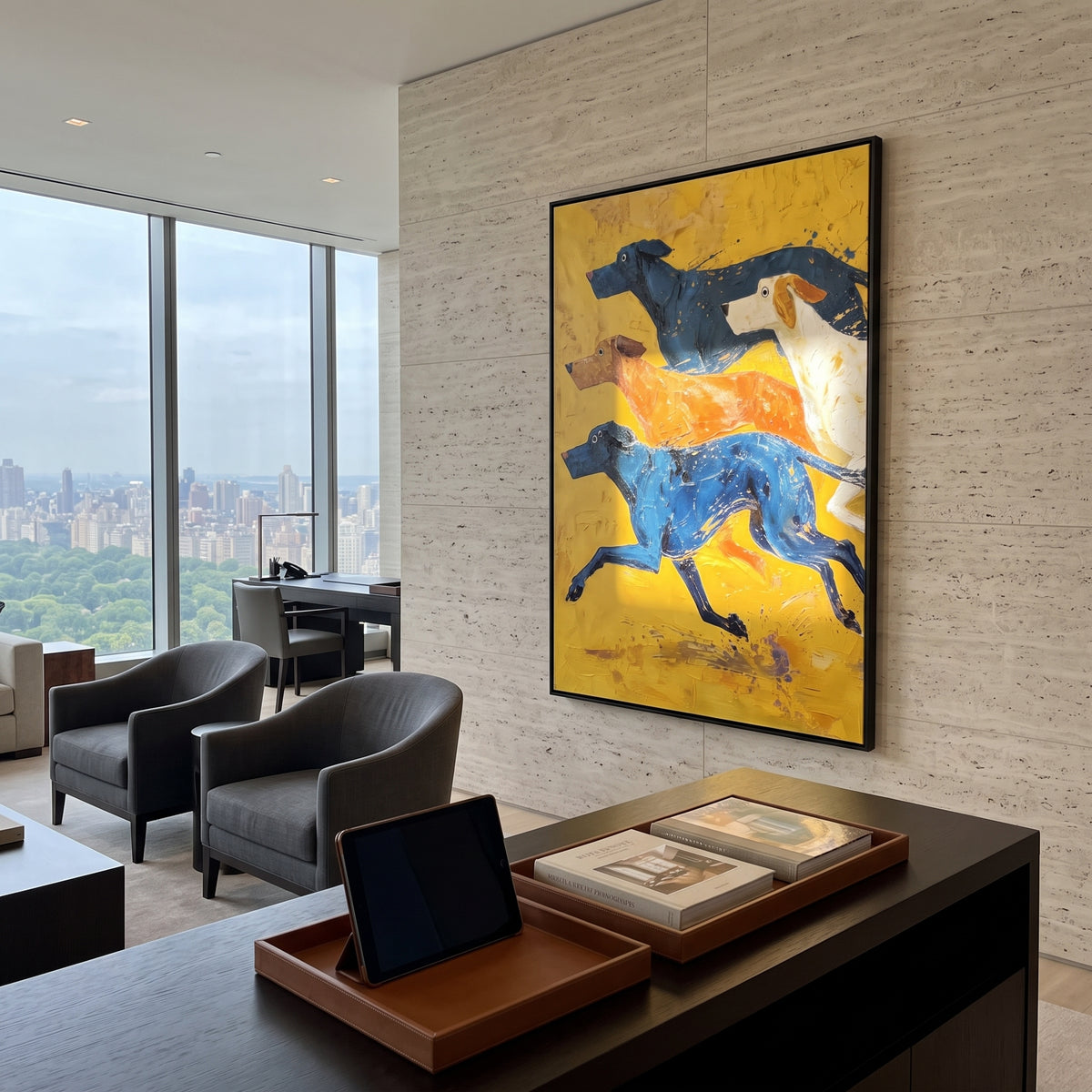 Running Blue And White Dogs focuses on this hand-painted textured canvas features four running hounds in blue, orange, white, and navy across a bright yellow field. The composition is described from the actual main image, so the visible subject, color balance, spacing, and surface movement stay specific to this product instead of reading like a batch title. Raised palette-knife layers, sculpted impasto ridges, softened brush transitions, and tactile handmade texture give the canvas dimensional