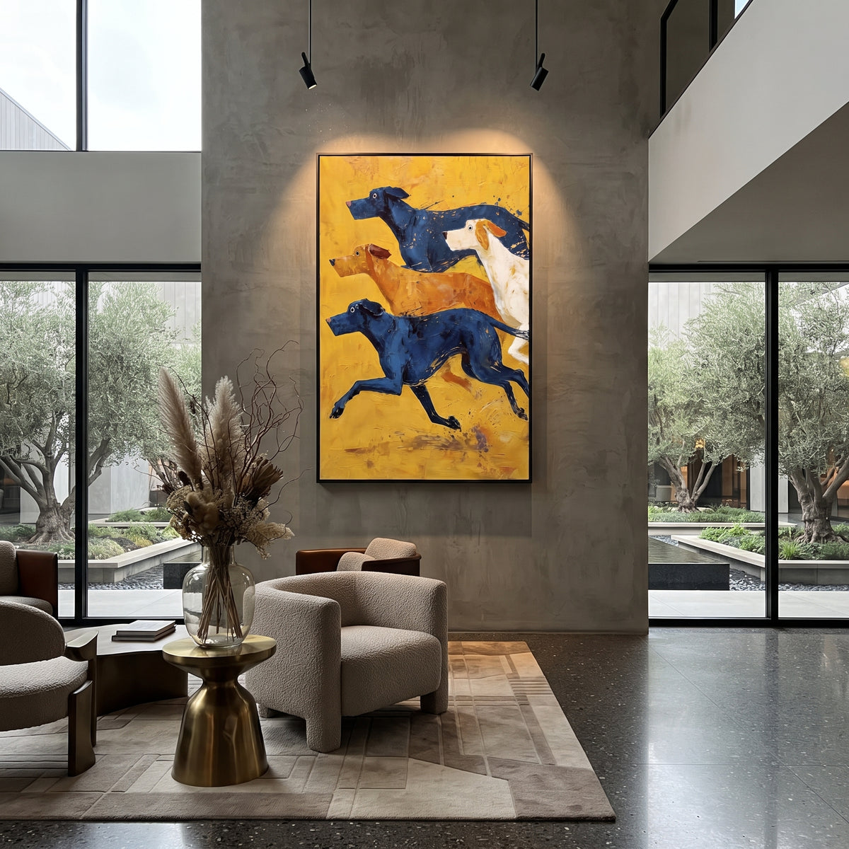 Running Blue And White Dogs focuses on this hand-painted textured canvas features four running hounds in blue, orange, white, and navy across a bright yellow field. The composition is described from the actual main image, so the visible subject, color balance, spacing, and surface movement stay specific to this product instead of reading like a batch title. Raised palette-knife layers, sculpted impasto ridges, softened brush transitions, and tactile handmade texture give the canvas dimensional