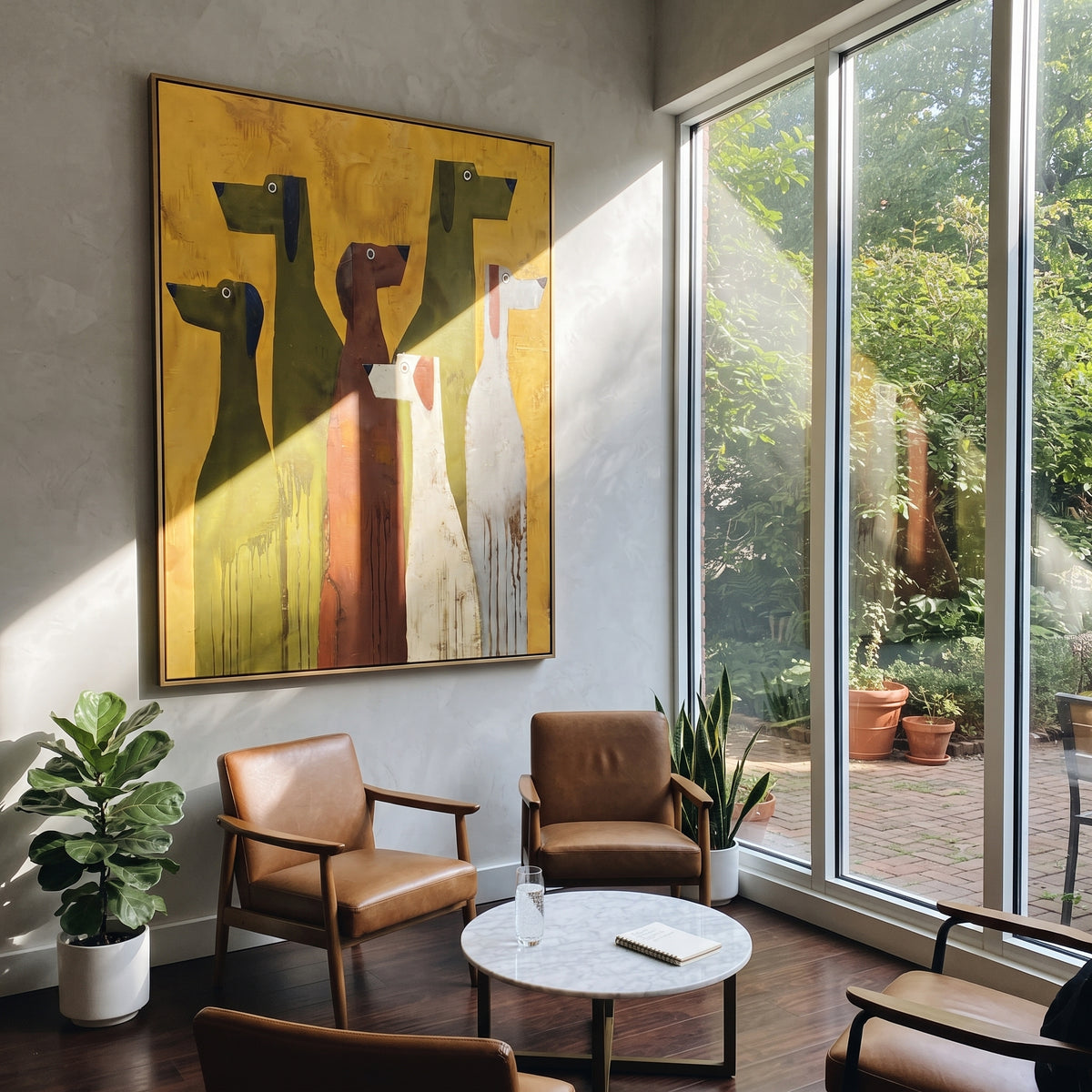 Tall Dog Lineup focuses on this hand-painted textured canvas features vertical lineup of long stylized dogs in olive, rust, white, and grey on mustard yellow. The composition is described from the actual main image, so the visible subject, color balance, spacing, and surface movement stay specific to this product instead of reading like a batch title. Raised palette-knife layers, sculpted impasto ridges, softened brush transitions, and tactile handmade texture give the canvas dimensional depth