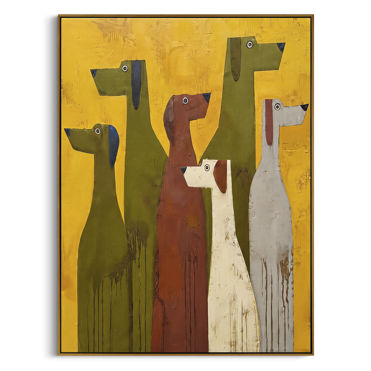 Tall Dog Lineup focuses on this hand-painted textured canvas features vertical lineup of long stylized dogs in olive, rust, white, and grey on mustard yellow. The composition is described from the actual main image, so the visible subject, color balance, spacing, and surface movement stay specific to this product instead of reading like a batch title. Raised palette-knife layers, sculpted impasto ridges, softened brush transitions, and tactile handmade texture give the canvas dimensional depth