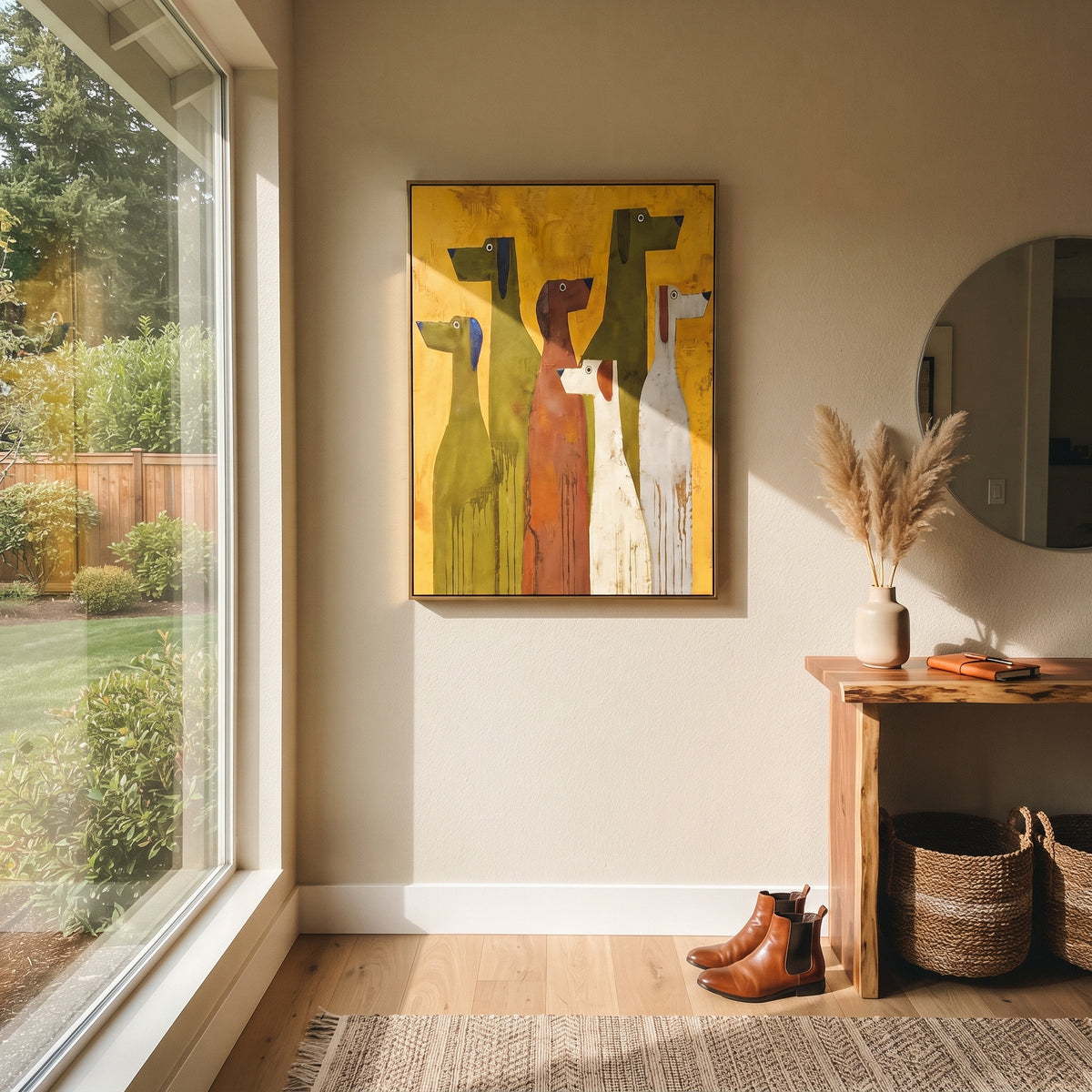 Tall Dog Lineup focuses on this hand-painted textured canvas features vertical lineup of long stylized dogs in olive, rust, white, and grey on mustard yellow. The composition is described from the actual main image, so the visible subject, color balance, spacing, and surface movement stay specific to this product instead of reading like a batch title. Raised palette-knife layers, sculpted impasto ridges, softened brush transitions, and tactile handmade texture give the canvas dimensional depth
