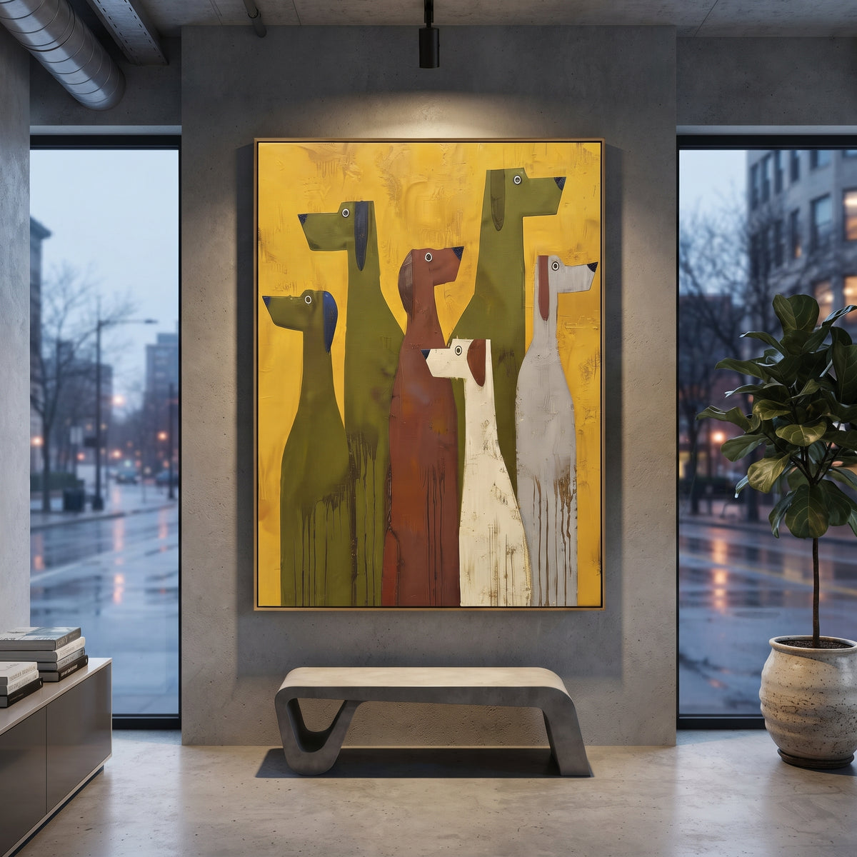 Tall Dog Lineup focuses on this hand-painted textured canvas features vertical lineup of long stylized dogs in olive, rust, white, and grey on mustard yellow. The composition is described from the actual main image, so the visible subject, color balance, spacing, and surface movement stay specific to this product instead of reading like a batch title. Raised palette-knife layers, sculpted impasto ridges, softened brush transitions, and tactile handmade texture give the canvas dimensional depth