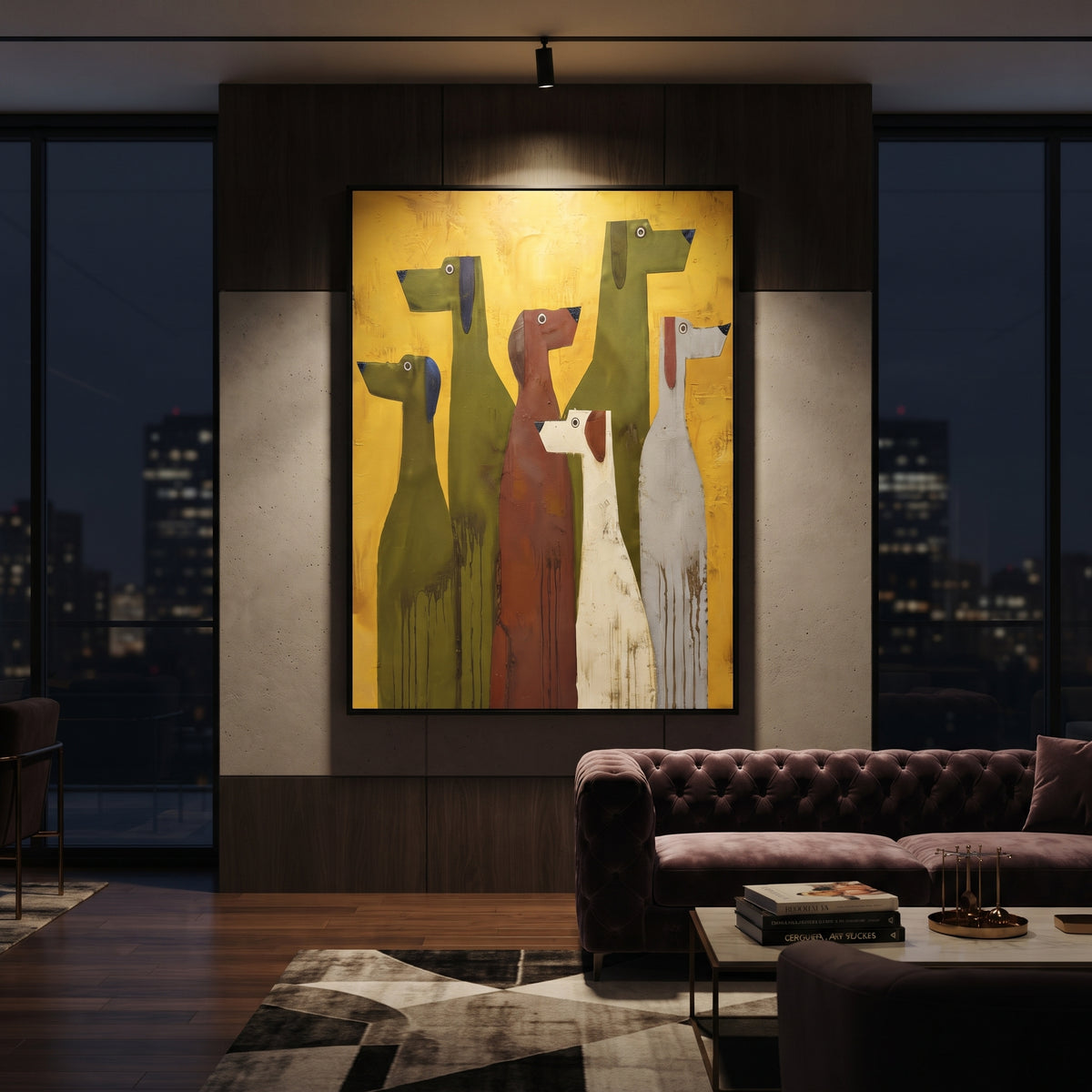 Tall Dog Lineup focuses on this hand-painted textured canvas features vertical lineup of long stylized dogs in olive, rust, white, and grey on mustard yellow. The composition is described from the actual main image, so the visible subject, color balance, spacing, and surface movement stay specific to this product instead of reading like a batch title. Raised palette-knife layers, sculpted impasto ridges, softened brush transitions, and tactile handmade texture give the canvas dimensional depth