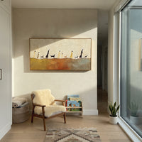 Dog Walkers Horizon Line focuses on this hand-painted textured canvas features panoramic line of people and dogs walking across a warm ochre horizon. The composition is described from the actual main image, so the visible subject, color balance, spacing, and surface movement stay specific to this product instead of reading like a batch title. Raised palette-knife layers, sculpted impasto ridges, softened brush transitions, and tactile handmade texture give the canvas dimensional depth under