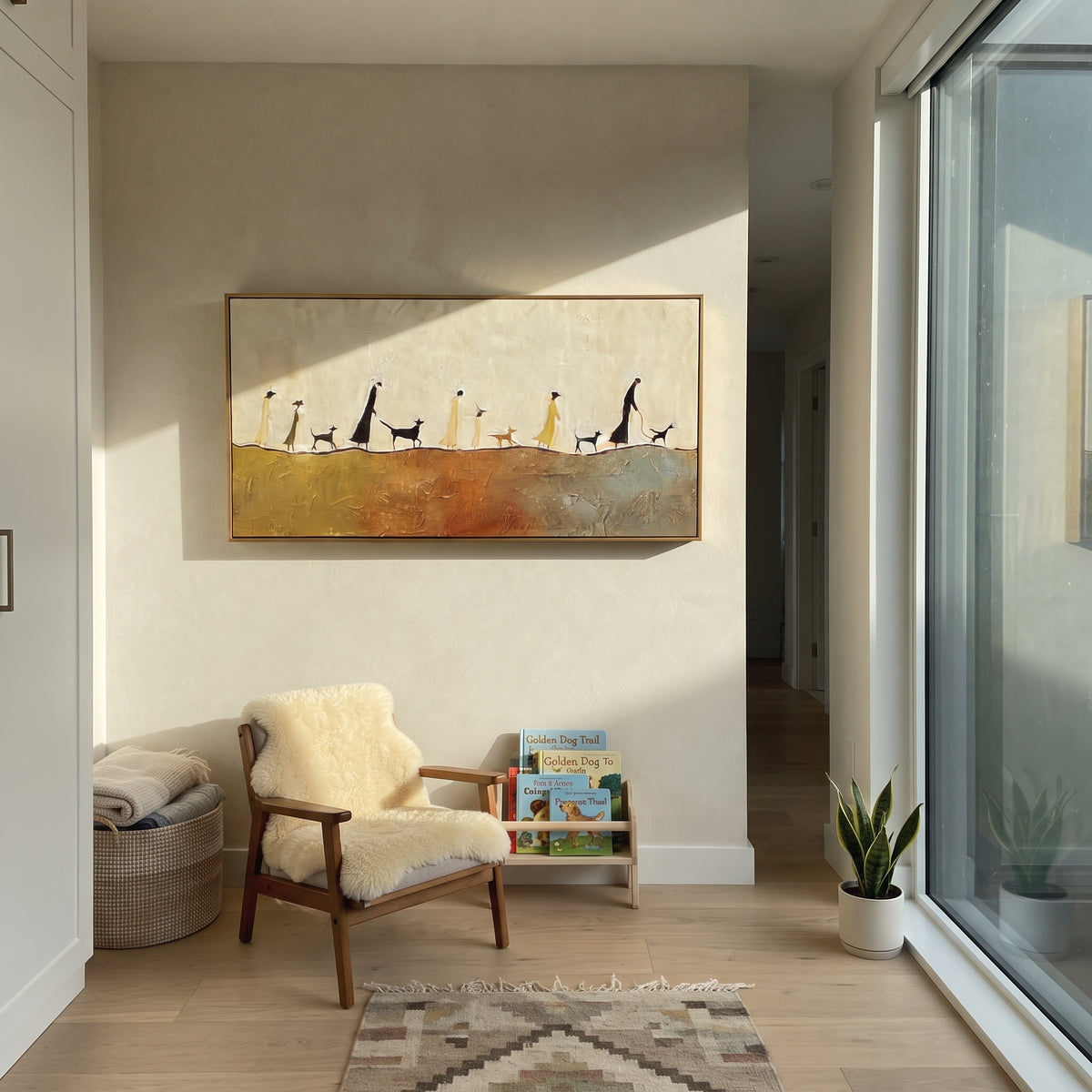 Dog Walkers Horizon Line focuses on this hand-painted textured canvas features panoramic line of people and dogs walking across a warm ochre horizon. The composition is described from the actual main image, so the visible subject, color balance, spacing, and surface movement stay specific to this product instead of reading like a batch title. Raised palette-knife layers, sculpted impasto ridges, softened brush transitions, and tactile handmade texture give the canvas dimensional depth under