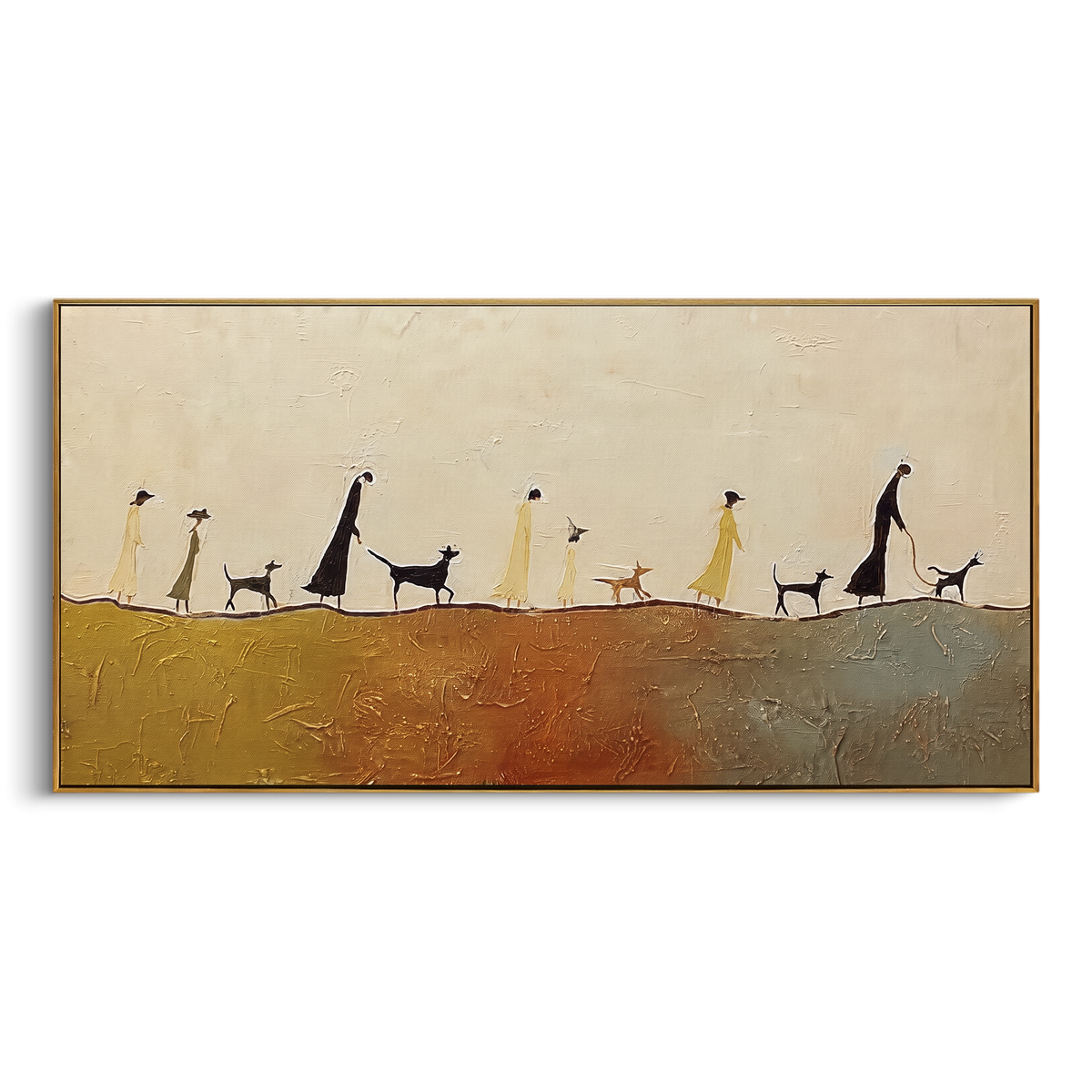 "Dog Walkers Horizon Line" - Modern Heavy Impasto Dog Portrait Artwork | Orange & Beige Palette Knife Painting | Luxury Horizontal Wall Art #PT 2000