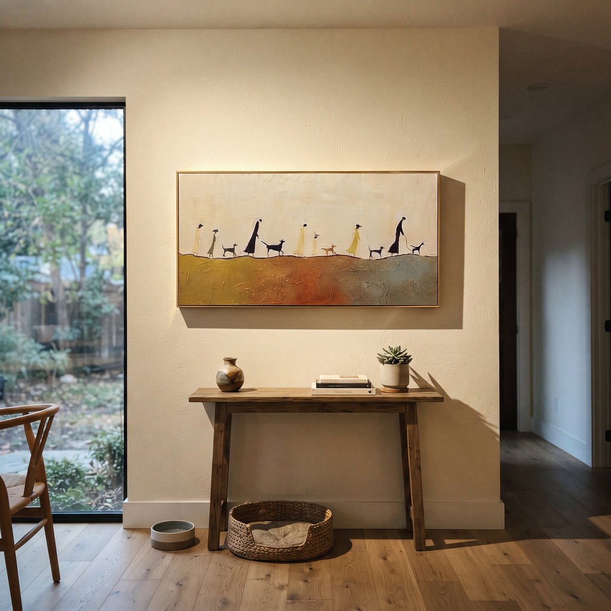Dog Walkers Horizon Line focuses on this hand-painted textured canvas features panoramic line of people and dogs walking across a warm ochre horizon. The composition is described from the actual main image, so the visible subject, color balance, spacing, and surface movement stay specific to this product instead of reading like a batch title. Raised palette-knife layers, sculpted impasto ridges, softened brush transitions, and tactile handmade texture give the canvas dimensional depth under