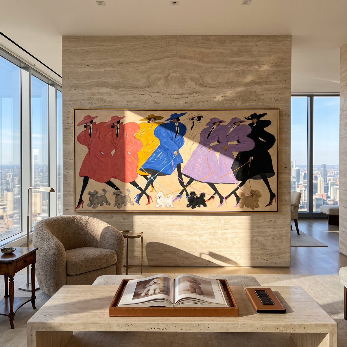 Colorful Fashion Dog Parade focuses on this hand-painted textured canvas features panoramic parade of colorful fashion figures and small dogs across a pale ground. The composition is described from the actual main image, so the visible subject, color balance, spacing, and surface movement stay specific to this product instead of reading like a batch title. Raised palette-knife layers, sculpted impasto ridges, softened brush transitions, and tactile handmade texture give the canvas dimensional