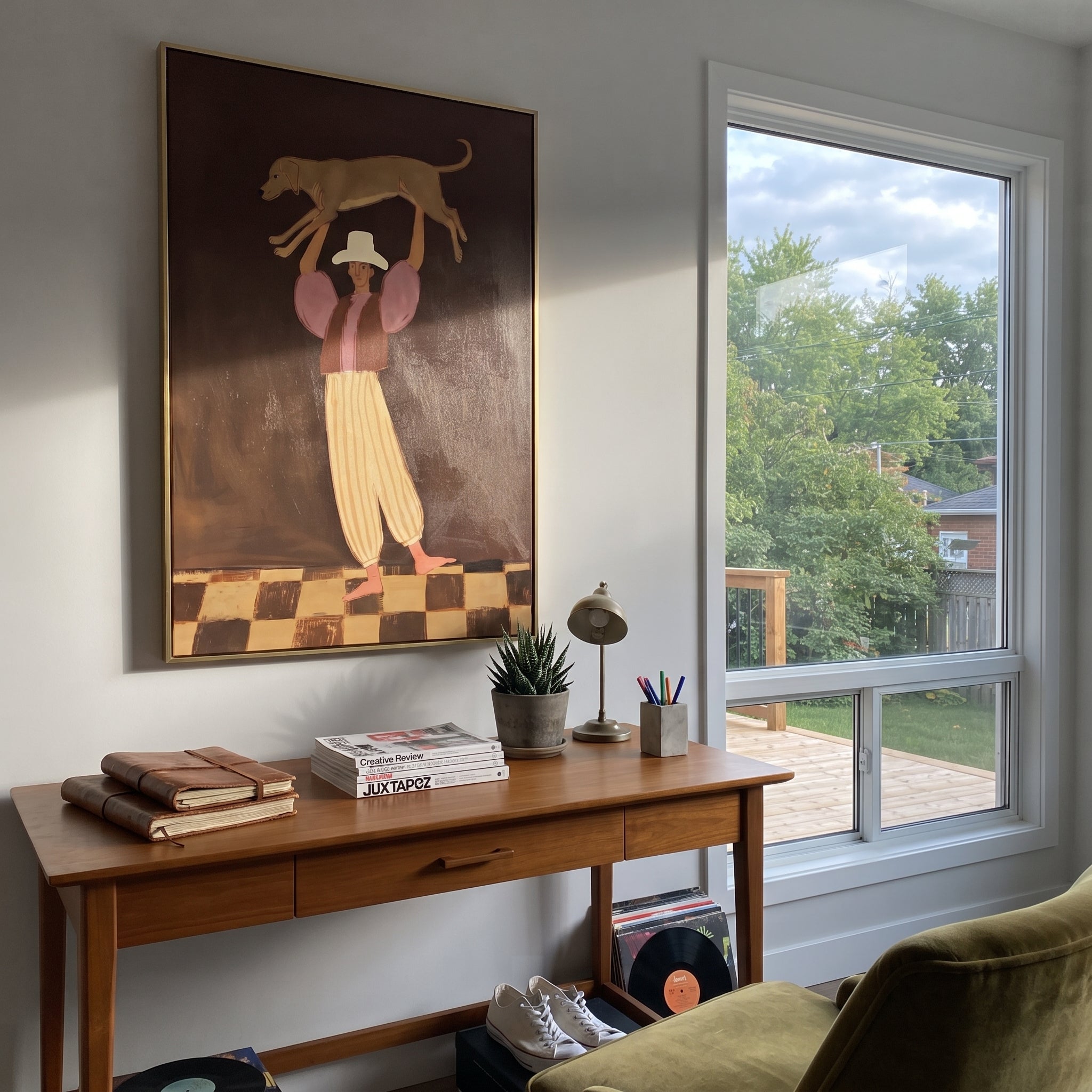 Woman Lifting Brown Dog focuses on this hand-painted textured canvas features woman in cropped top and striped pants lifting a brown dog over her head on a dark stage. The composition is described from the actual main image, so the visible subject, color balance, spacing, and surface movement stay specific to this product instead of reading like a batch title. Raised palette-knife layers, sculpted impasto ridges, softened brush transitions, and tactile handmade texture give the canvas