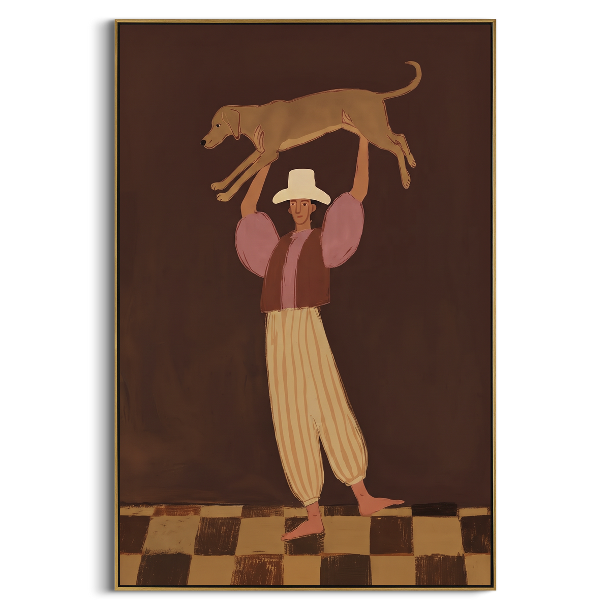 "Woman Lifting Brown Dog" - Modern Heavy Impasto Dog Portrait Artwork | Brown & Pink Palette Knife Painting | Luxury Vertical Wall Art #PT 2002